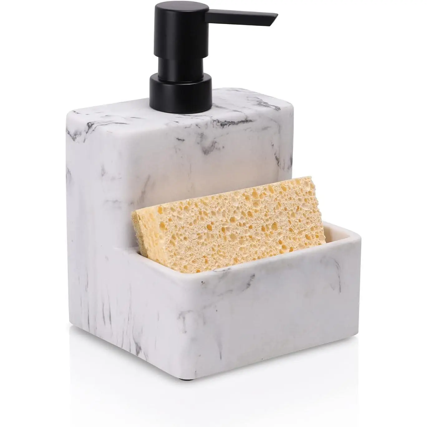 Soap Dispenser with Sponge Holder, Marble Look Liquid Hand and Dish Soap Dispenser Pump Bottle and Sponge Holder 2 in 1 for Kitchen Sink Bathroom Counter Storage and Organization