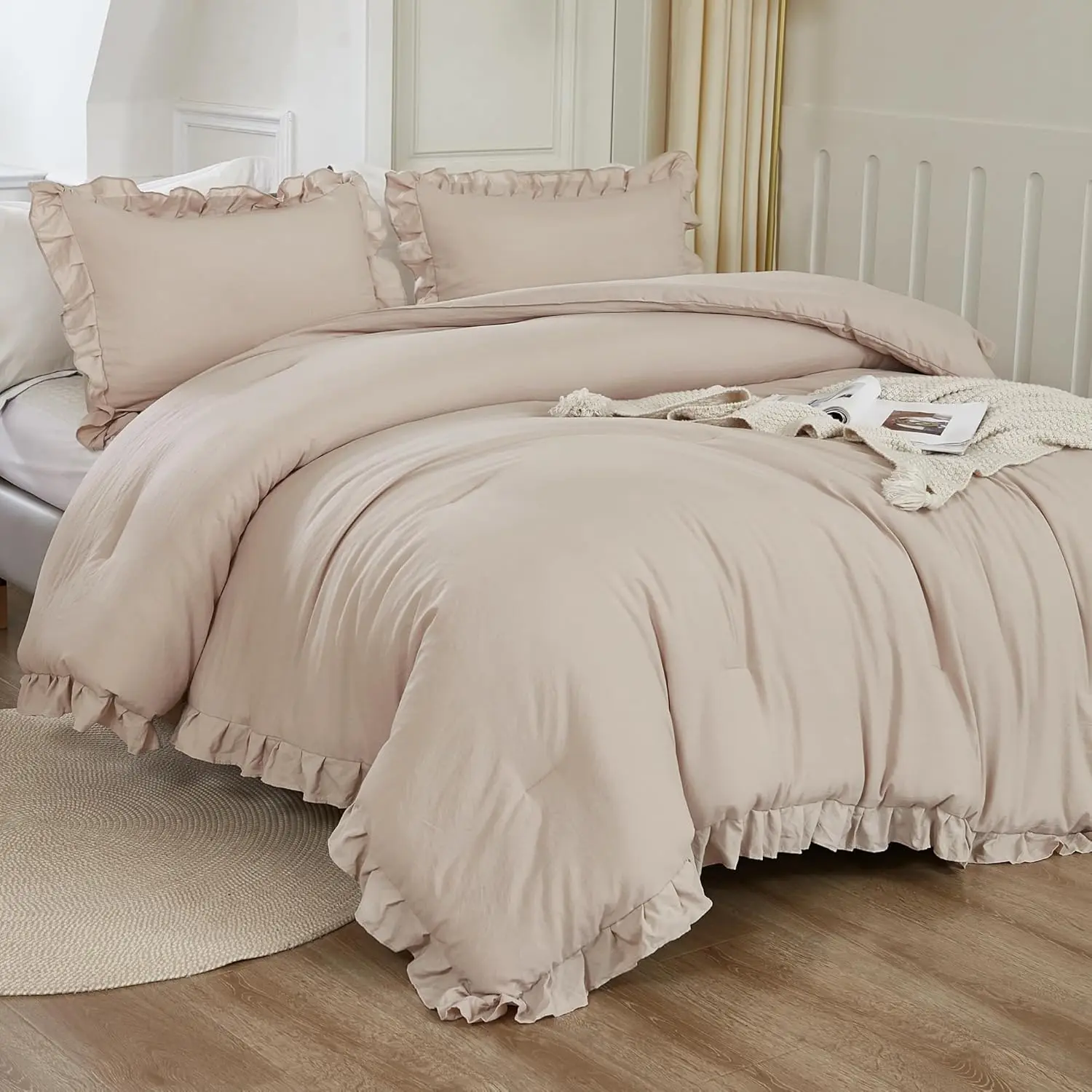 Queen Comforter Set Khaki, 3 Pieces Ruffle Farmhouse Bedding Comforter Set, Lightweight Microfiber Bed Set (90x90In Comforter, 2 Pillowcases)