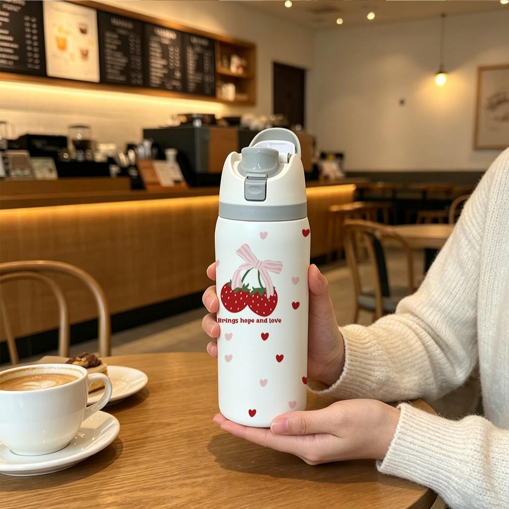 Sweet Bow Strawberry Heart 32oz Insulated Cup, 304 Stainless Steel, Portable Direct Drink, Girl Style, Car Travel Water Bottle, 1 Piece