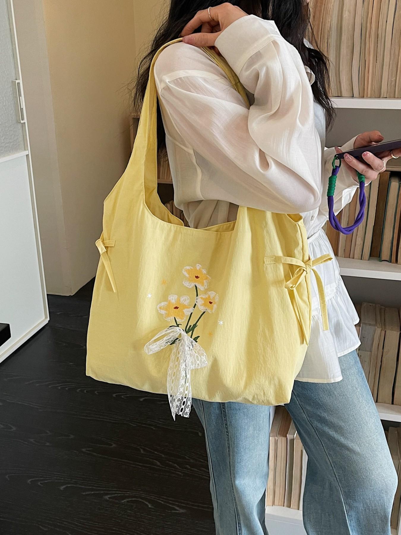 Lightweight Nylon Tote Bag, Floral Butterfly Knot Design, Casual Sweet Shoulder Bag, Ideal for Shopping and Daily Use, Perfect for Students