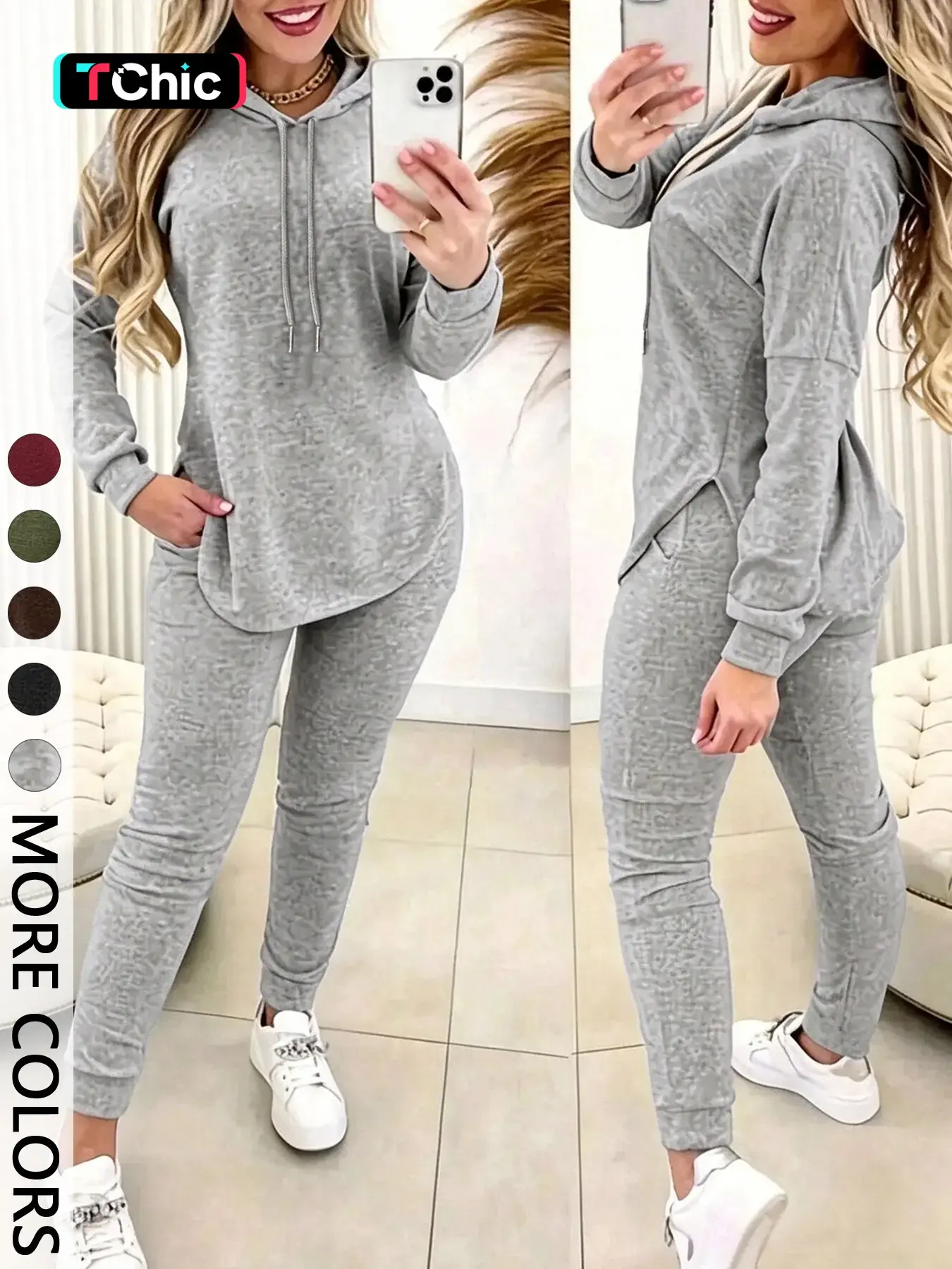 Women's Solid Basic 2-Piece Outfit, Drawstring Hooded Long Sleeve Top & Slim Fit Casual Pants, Chic Matching Set for Daily Workout and Casual Wear