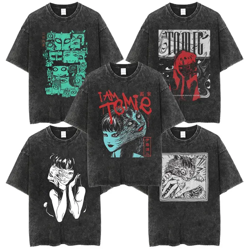 Unisex Junji Ito Tomie Washed Vintage Print Loose Short-Sleeve Sports Top - Cold-Wash Compatible for Sports, Outdoor Activities