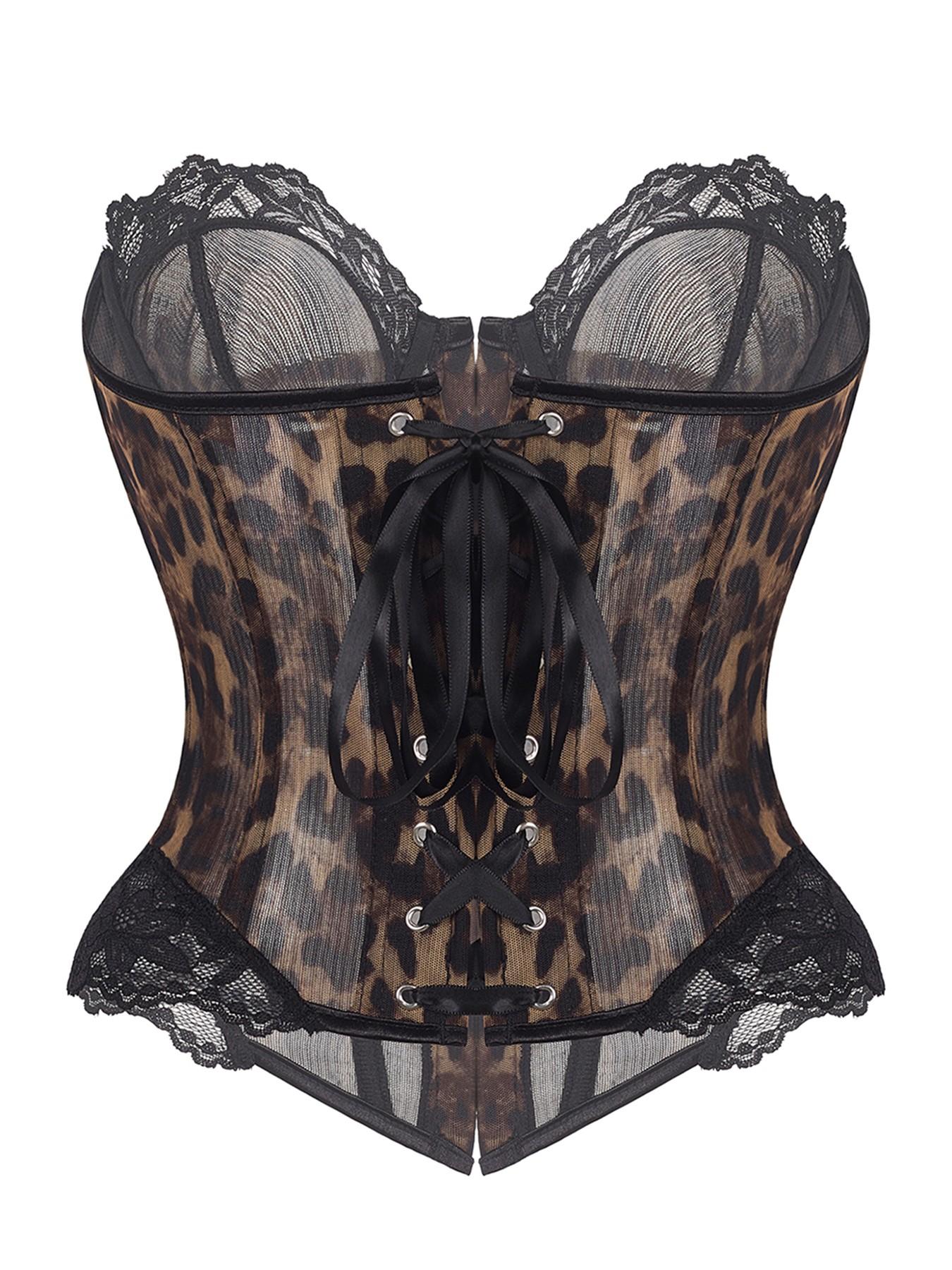 Y2K Leopard Print Lace Trim Corset Top Front Buckle Boned Waist Trainer Sheer Mesh Slimming Bustier For Women Club Party Date Night Outfit