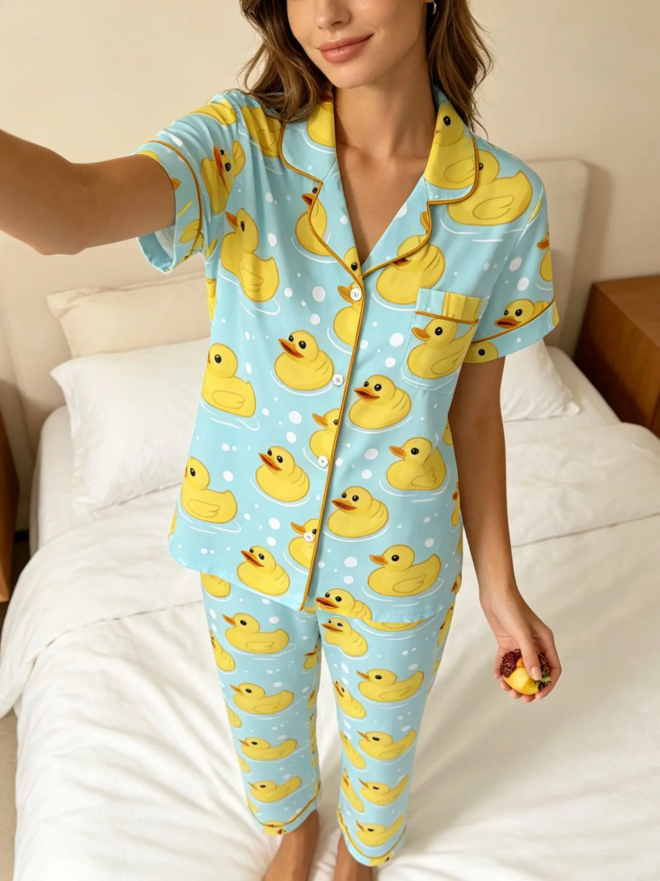 Women's Short Sleeve Pajama Set, Ankle Length, Casual Slim-Fit, All over Print, Contrast Binding, Two-Piece Home Wear, Blue Duck Pattern
