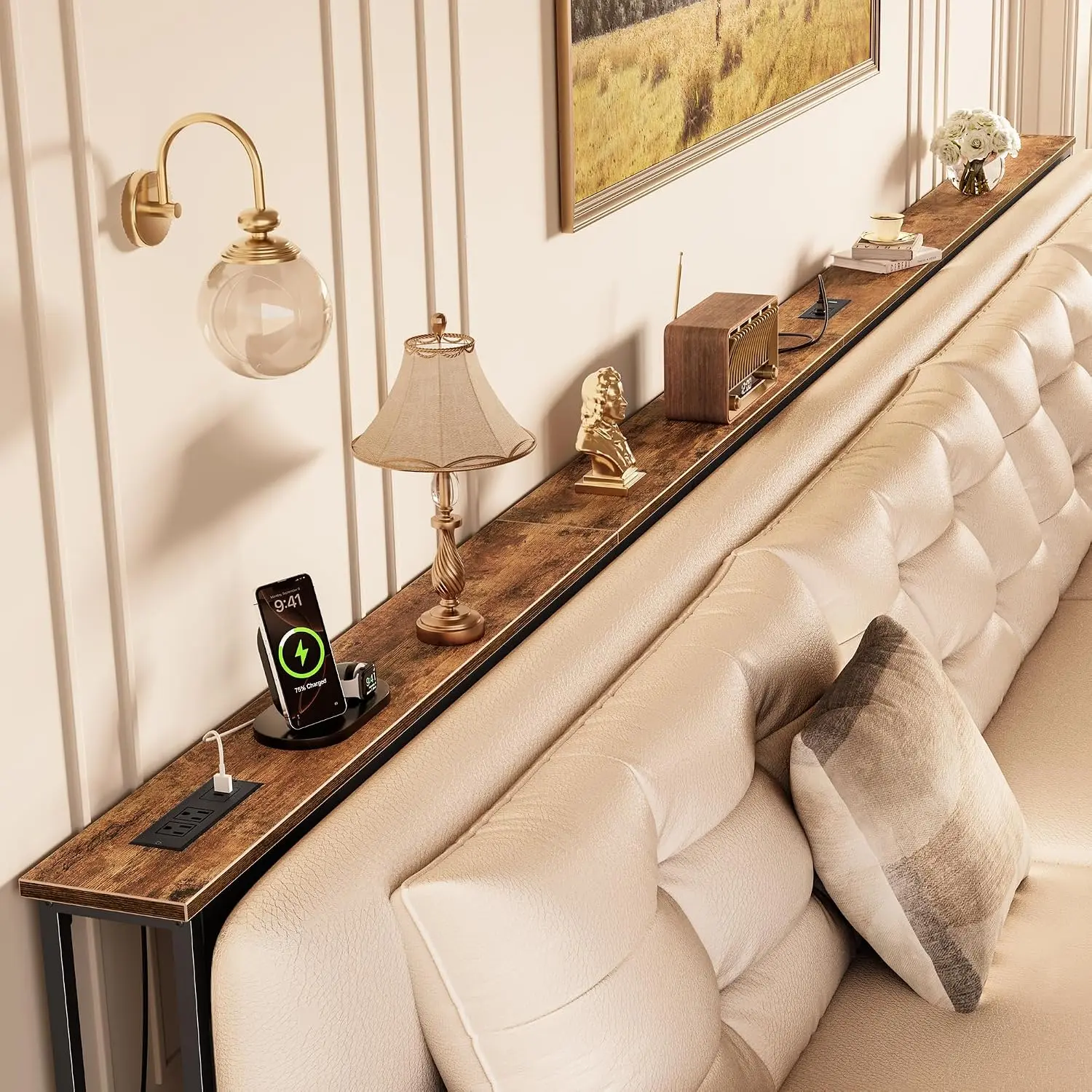 110 Inch Sofa Table with Power Outlets, Skinny Behind Couch Table