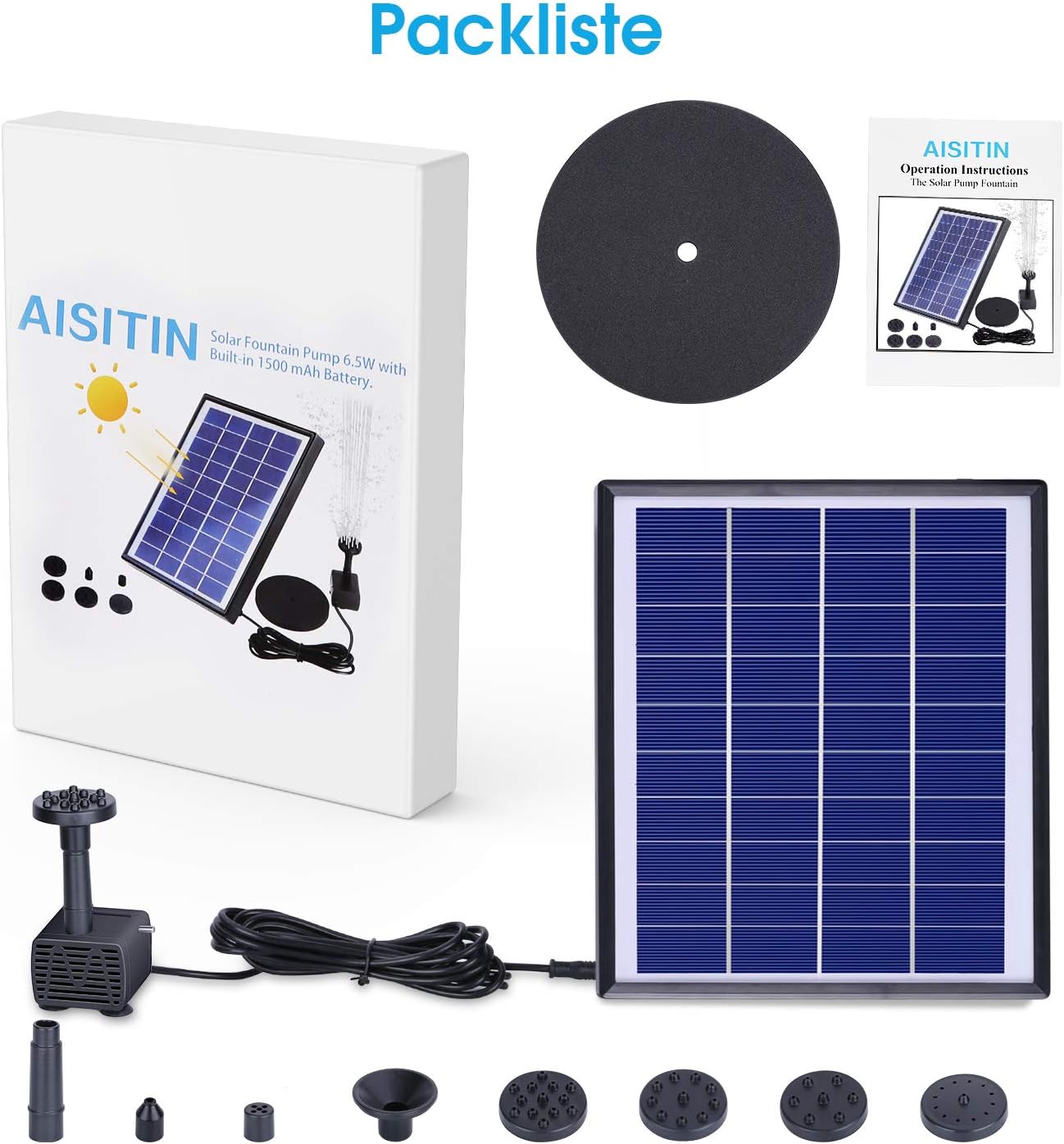 AISITIN Solar Fountain Pump Built-in 1500mAh Battery, Bath Fountain with 6 Nozzles, Solar Floating Water Fountain Pump for Bird Bath, Fish Tank, Pond, Garden and Outdoor (6.5W)