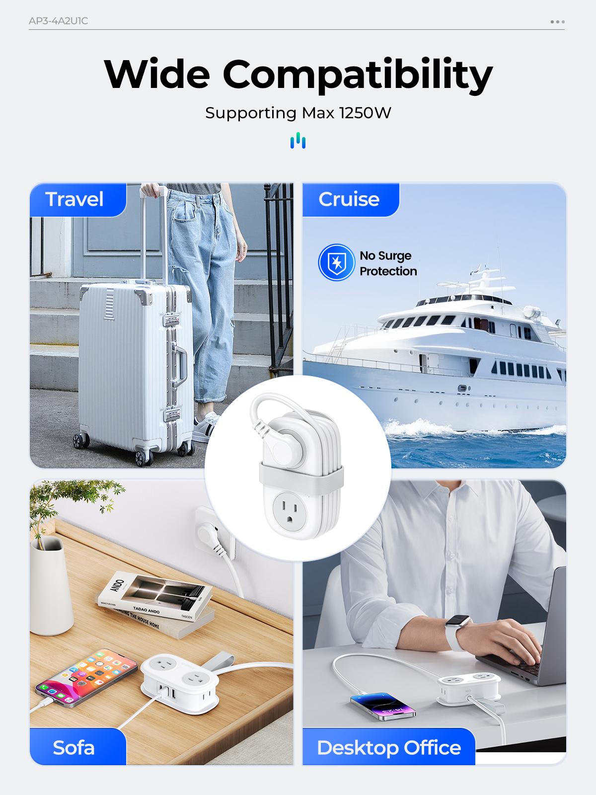 ORICO Travel Power Strip, Optional 2 or 4 AC Outlets, 3 USB Charging Ports with 1 USB-C Fast Charging Port, 4FT Retractable Wrapped Short Extension Cord, Compact Portable Outlet Extender, Cruise Non Surge Approved for Hotel Travel Essentials--AP3-2A/4A