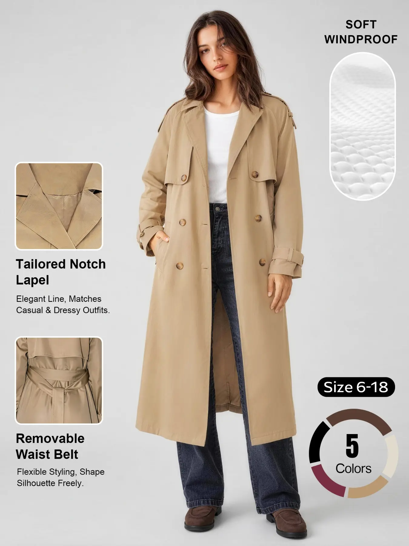 Women's Elegant Plain Color Notched Lapel Double Button Belted Windbreaker, Multifunctional Streetwear Coat, Minimalist Style Outerwear Jackets#TikTokMadeMeBuyIt #CasualChic#Outerwear