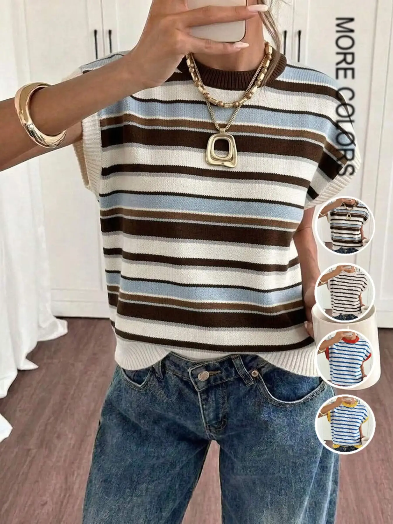Women's Color-Block Striped Round-Neck Drop-Shoulder T-Shirt, Loose-Fit Short-Sleeve Knit Tee, Lightweight Casual Top