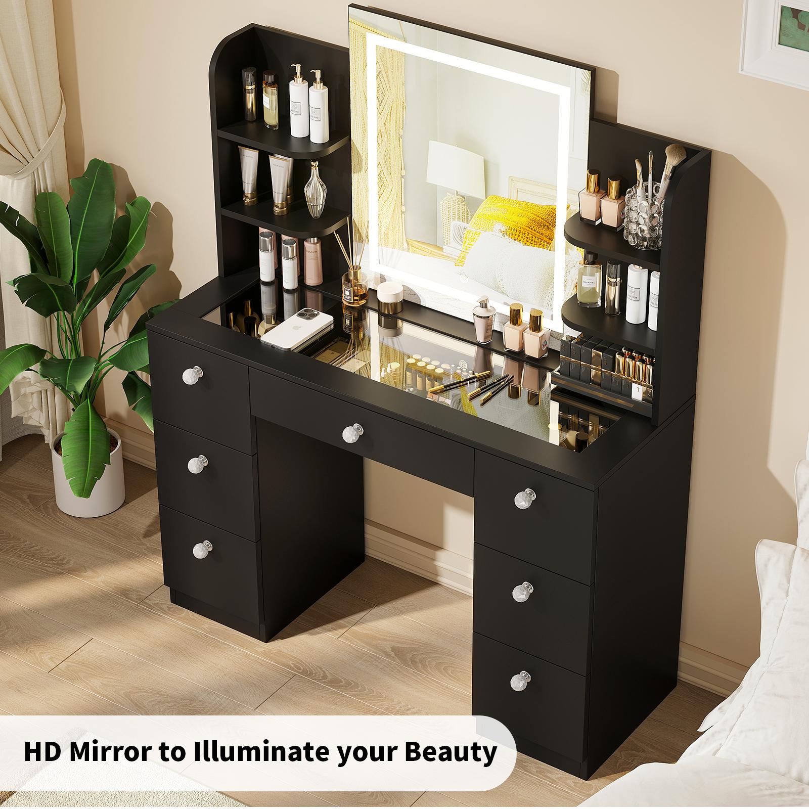 VOWNER Modern Makeup Vanity Table Set with 3-Color LED Mirror 7 Drawers & Power Strip for Bedroom & Bathroom 43-Inch White Dressing Table