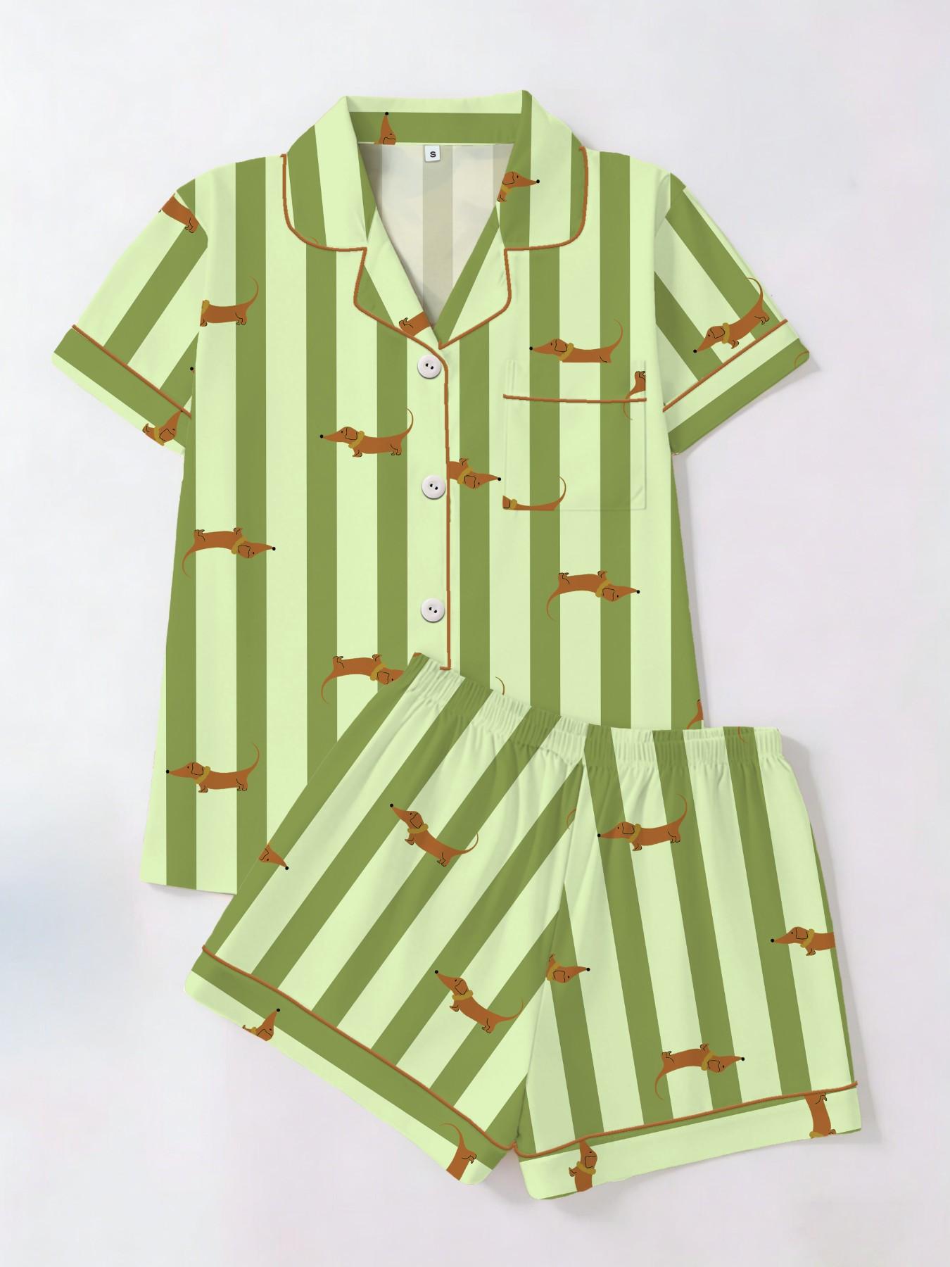 Women's Short Sleeve Button Down Top and Shorts Pajama Set, Spring Summer Wear, For Energetic Teen Girls, Green White Stripe Bright Dachshund Print, Classic Lapel Collar, Loose Vitality Fit, Comfortable For Home & Gatherings