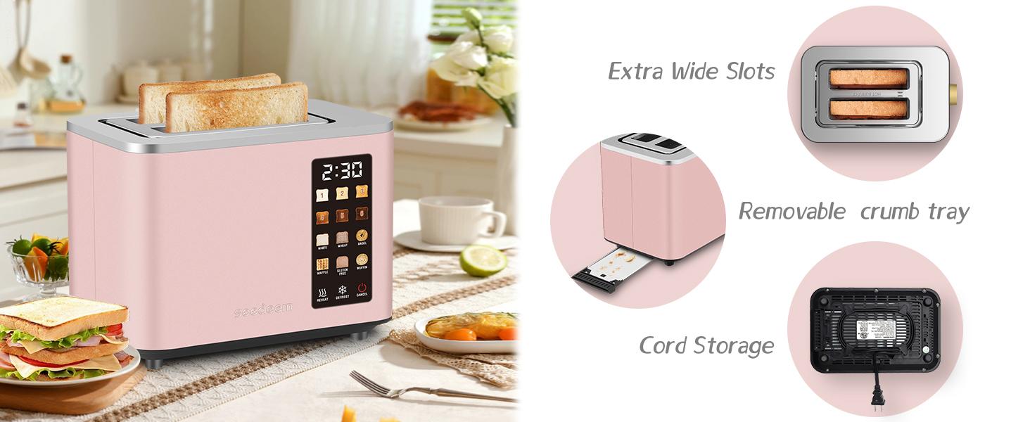 Toaster 2 Slice, Smart Stainless Toaster,Touch Control Screen,  6 Shade Setting, 6 Bread Selection, Countdown, Removable Crumb Tray, 900W, Peach Pink toaster 2  slice Toasting Defrost Kitchen Appliances Multifunction Durable Toastie Maker tiktokshopspring