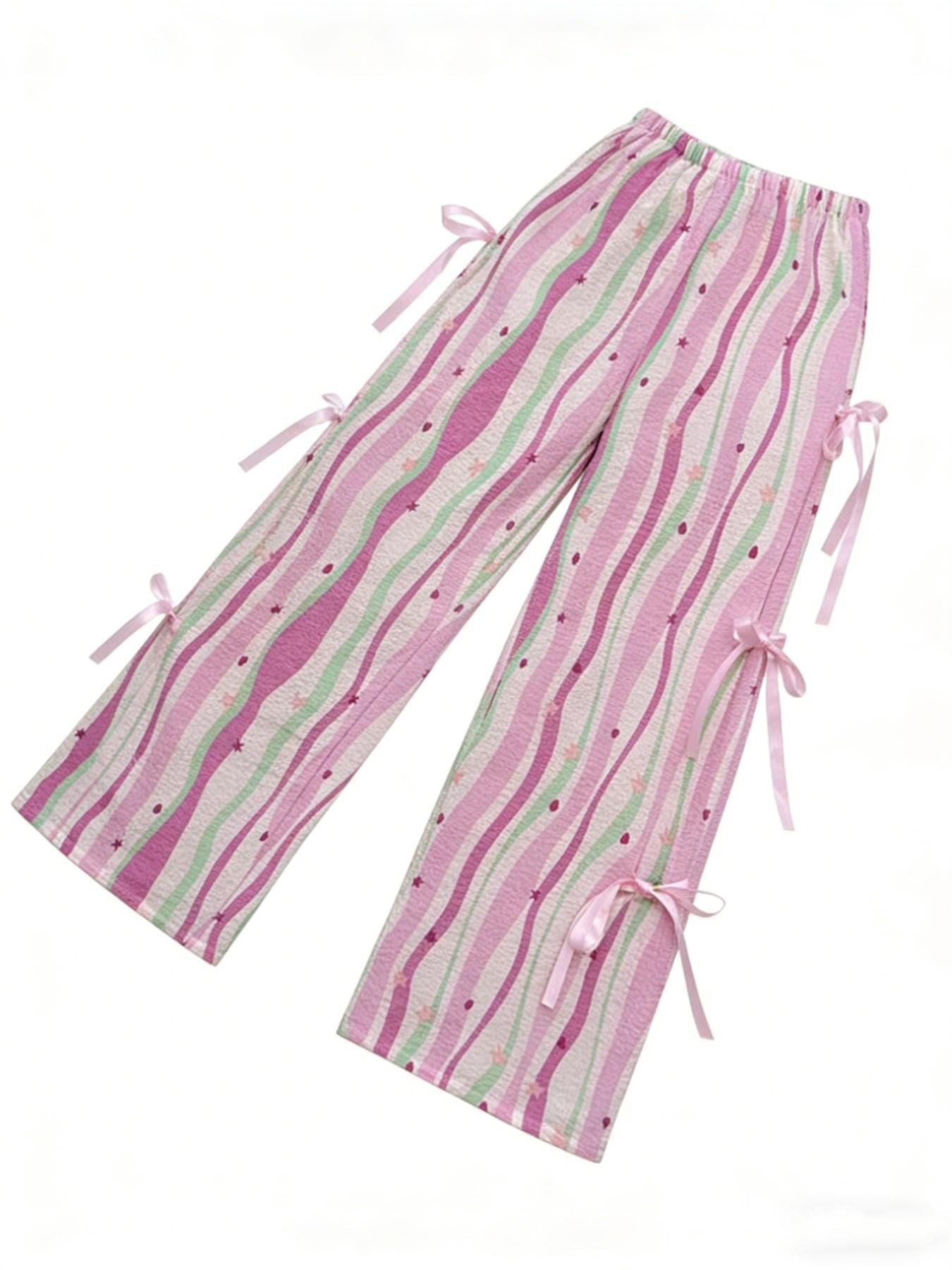 Women's Multicolor Striped Plaid Wide Leg Pants, Side Bow Tie Long Pants, Sweet Heart Star Print Casual Trousers, Bottoms