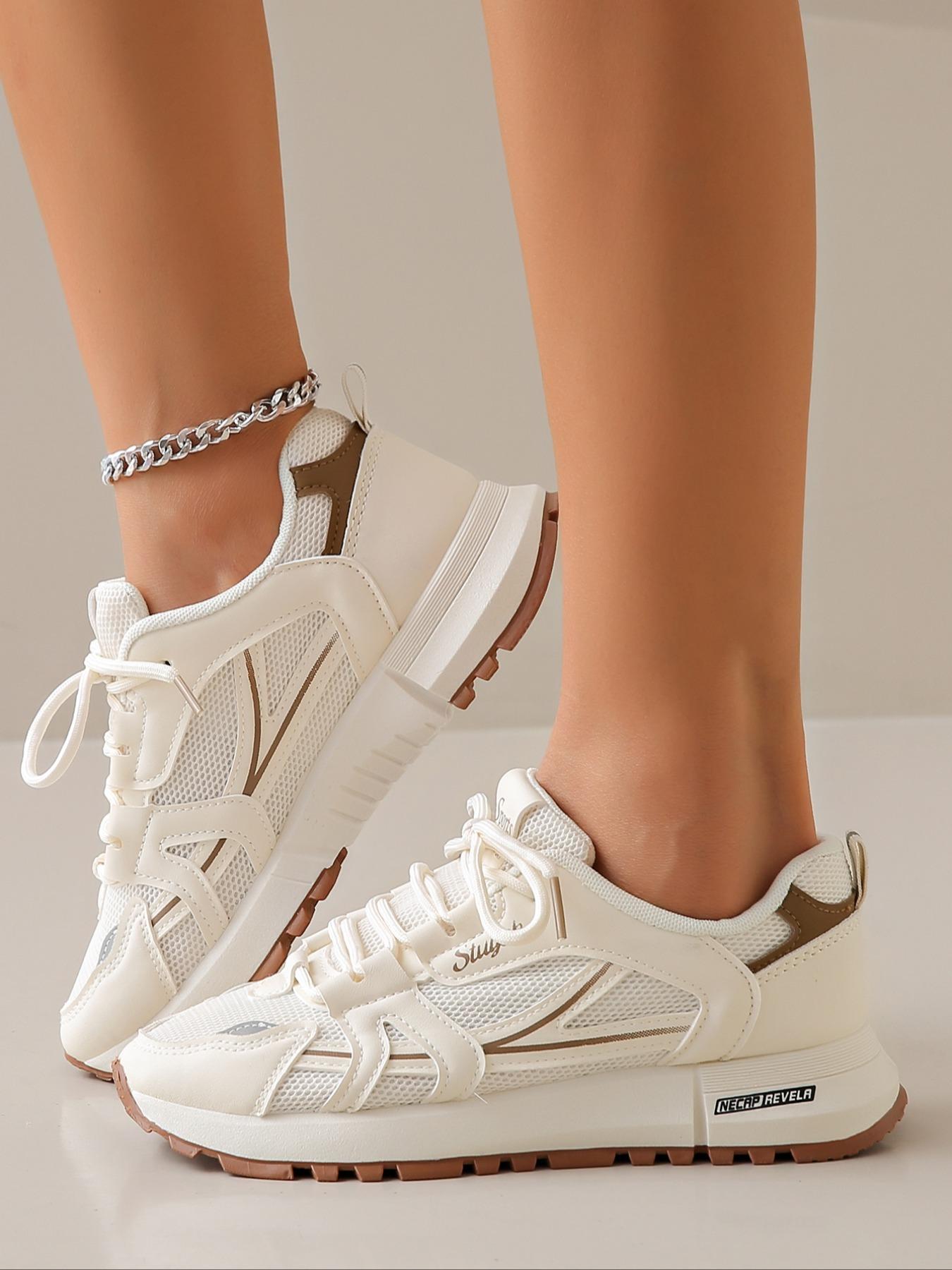 Women's Fashionable Letter & Striped Pattern Lace Up Low Top Sneakers, Casual Comfortable Breathable Sports Running Shoes, All-match Basic Shoes for Daily Wear, Sporty Running Fashion1123