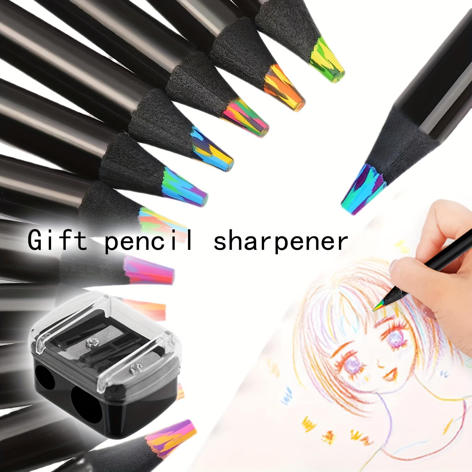 6/12 Rainbow Gradient Magic Pens with 1 Pencil Sharpener - Vibrant Doodling and Drawing Markers, Kawaii Writing and Art Supplies, with Pencil Sharpener, Wooden Material, Perfect for Artists and DIY Lovers, Flat-Head Pencils