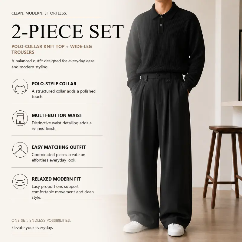 Men's Coordinated 2-Piece Knit Outfit, Polo Collar Ribbed Knit Sweater with Straight Leg Tailored Pants, 8 Curated Solid Color Pairings, Sizes S-XXL, Daily Work Travel Style, Group 5