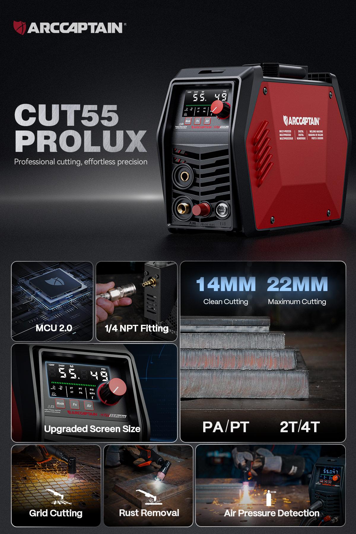 ARCCAPTAIN iControl CUT55 Prolux Plasma Cutter Machine, [APP Control] 55 Amp Non-Touch Pilot Arc, 120V/240V, Upgraded LED Display, Grid Cutting, Rust Removal, Air Pressure Detection for Home DIY,  Multiprocess Cutting Machinefor Dad and Men