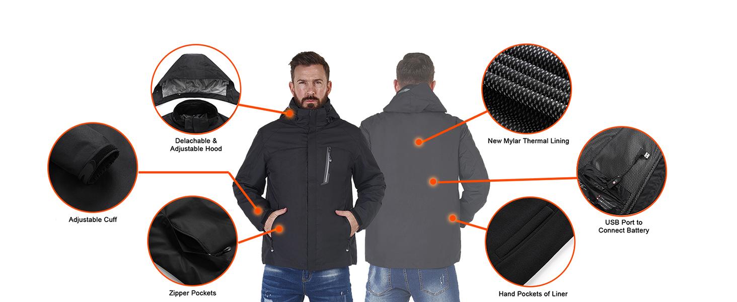 [Power Bank or Battery Pack Not included] Unisex 3-in-1 Puffer Coat Waterproof Heated Jacket with Massage Removable Warm Iiner Fleece Jackets