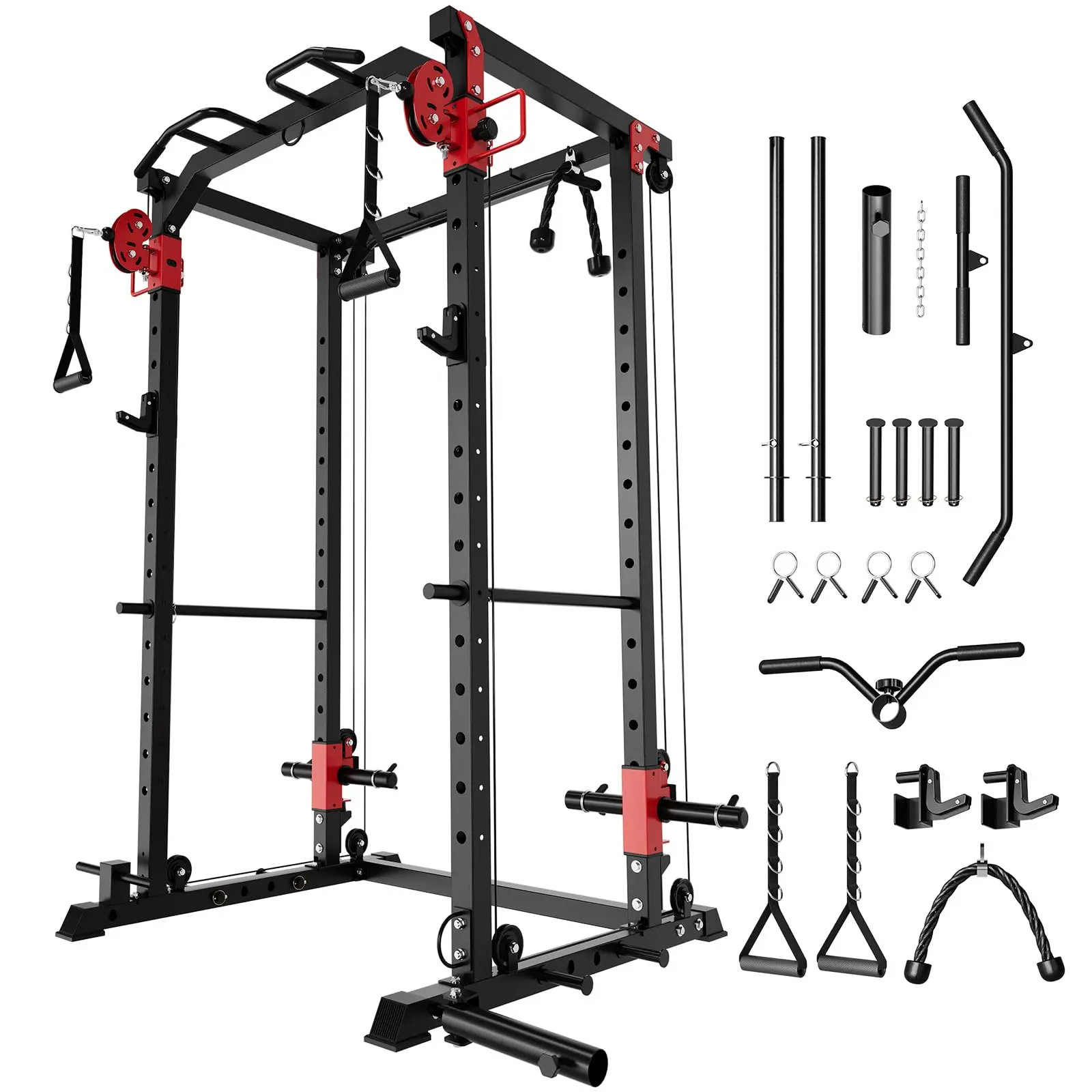 GARVEE Power Cage with Dual Pulley System - 1600LB Multi-Function Squat Rack for Home Gym, Gym Stuff