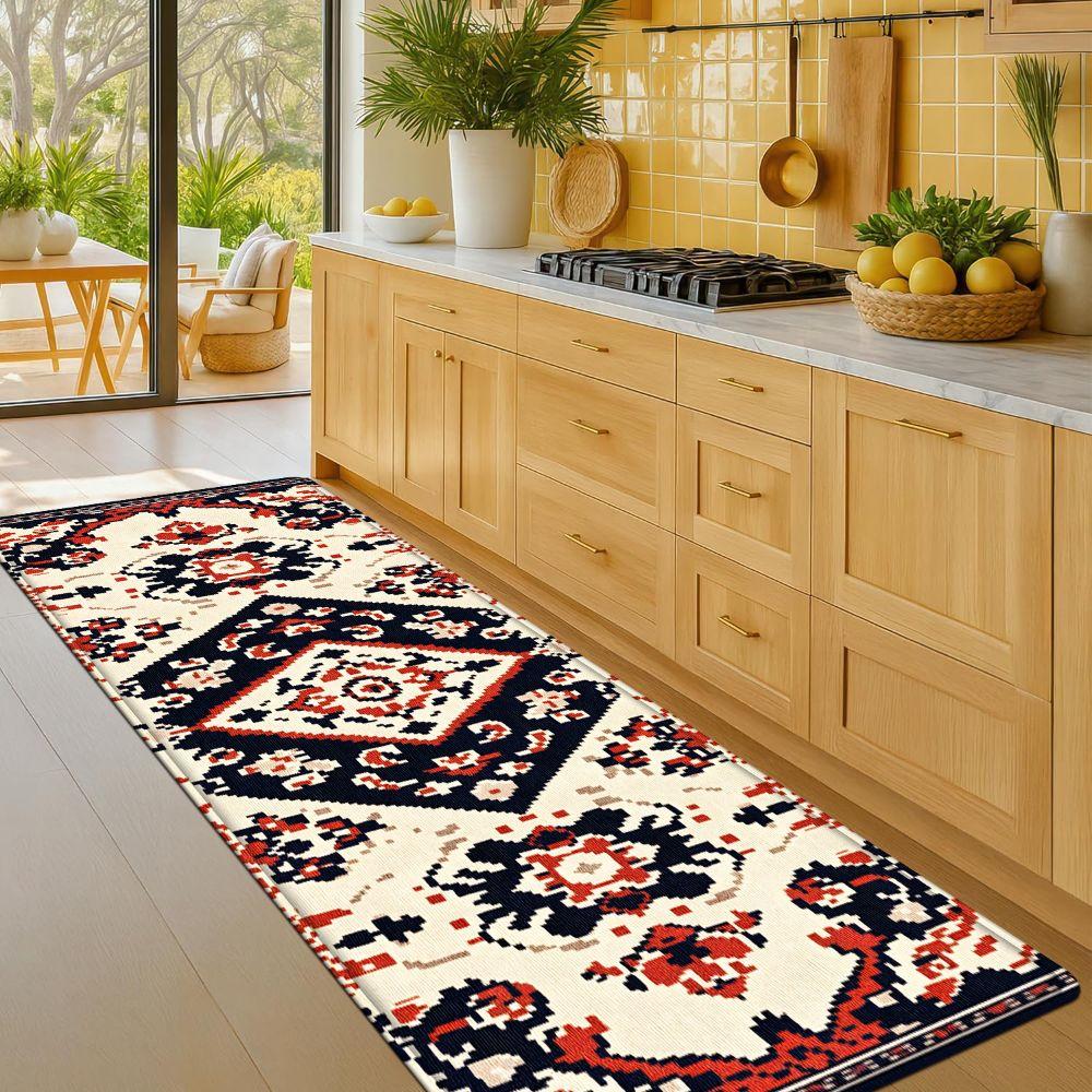 1PC， Red, White and Black Geometric Pattern strip rugs, home décor, bathroom mats, entryway mats, bathroom non-slip mats, indoor entrance rugs, bedroom bedside mats, kitchen mats, hallway rugs, flannel sponge rugs, hallway runner rugs