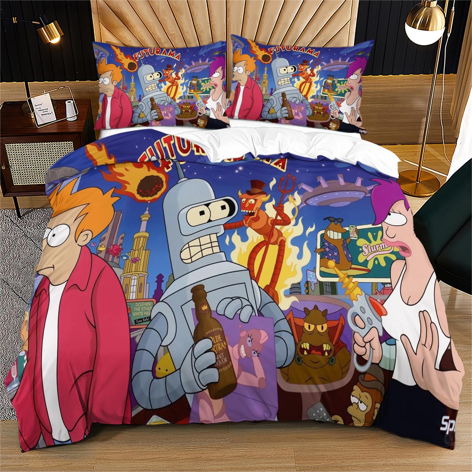 Futurama Cartoon Pattern Bedding Set, Soft Comfortable Durable Bedroom Decor Gift, Includes 1 Fitted Sheet and 1 or 2 Pillowcases, Soft Bedding Sets