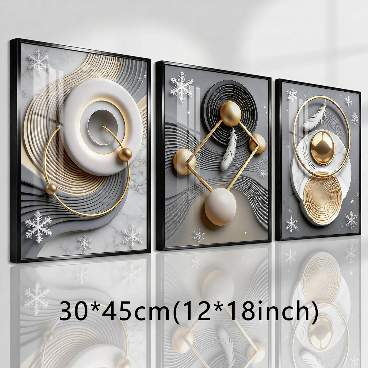3 Counts Aluminum Alloy Framed Painting, Abstract Geometric Gold Feather Art Pictures, Home Decoration For Living Room, Bedroom, Office, Restaurant, Hallway Wall Decor, Odorless Print Artwork, Luxury Perfect Gift For Friends And Family
