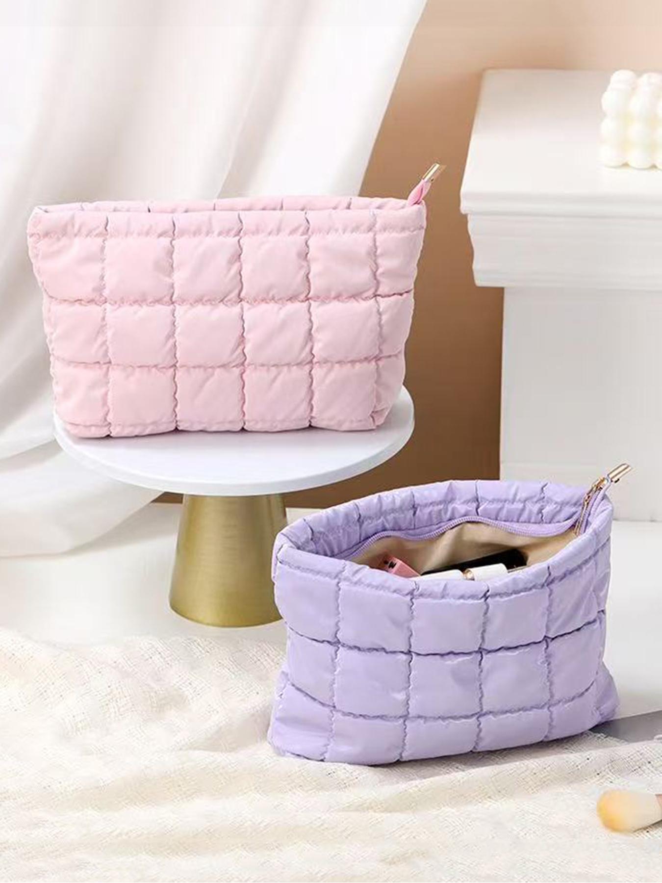 Ladies' fashionable and casual diamond patterned makeup bag, simple and textured cotton filled women's bag, suitable for daily business trips and travel, easy to carry, Makeup Organizer Pouch