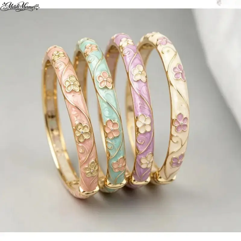 Women's Vintage 5-Leaf Clover Enamel Bangle Bracelet - Gold Hollow Floral Cloisonne Open Cuff, Elegant Oriental Pastel Color Costume Jewelry Gift (Bracelets for Women), Bangles,sohochic
