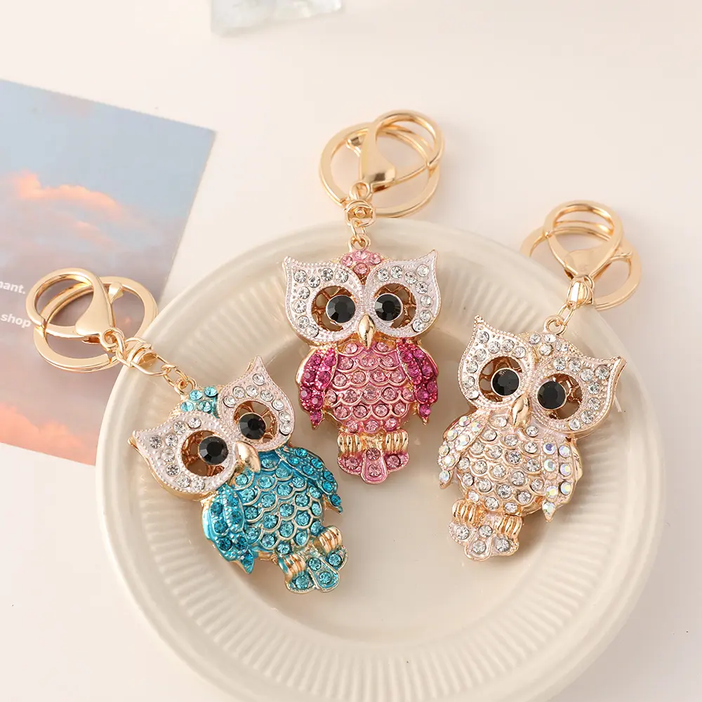 Rhinestone Owl Keychain for Women, Gold‑Tone Enamel Crystal Owl Bag Charm Key Ring, Sparkly Bling Animal Key Holder, Cute Handbag Purse Accessories, Fashion Car Key Pendant, Ideal Birthday Holiday Gift for Girls Ladies