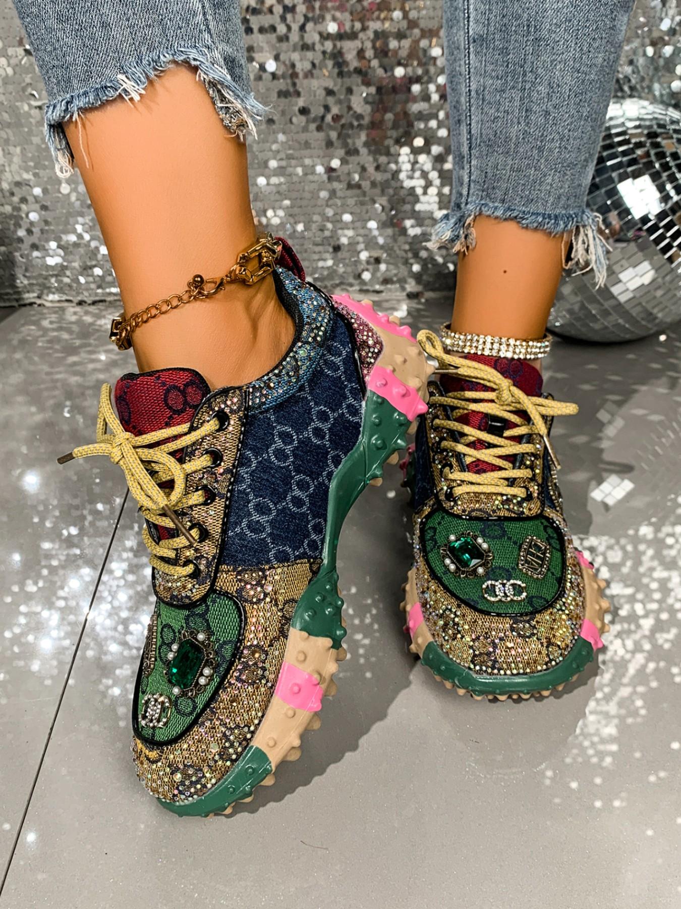 Vintage Colorblock Thick Sole Fashion Shoes, Unique Design Sequins Casual Sports Sneakers, Stylish Low-Top Footwear for Women & Men