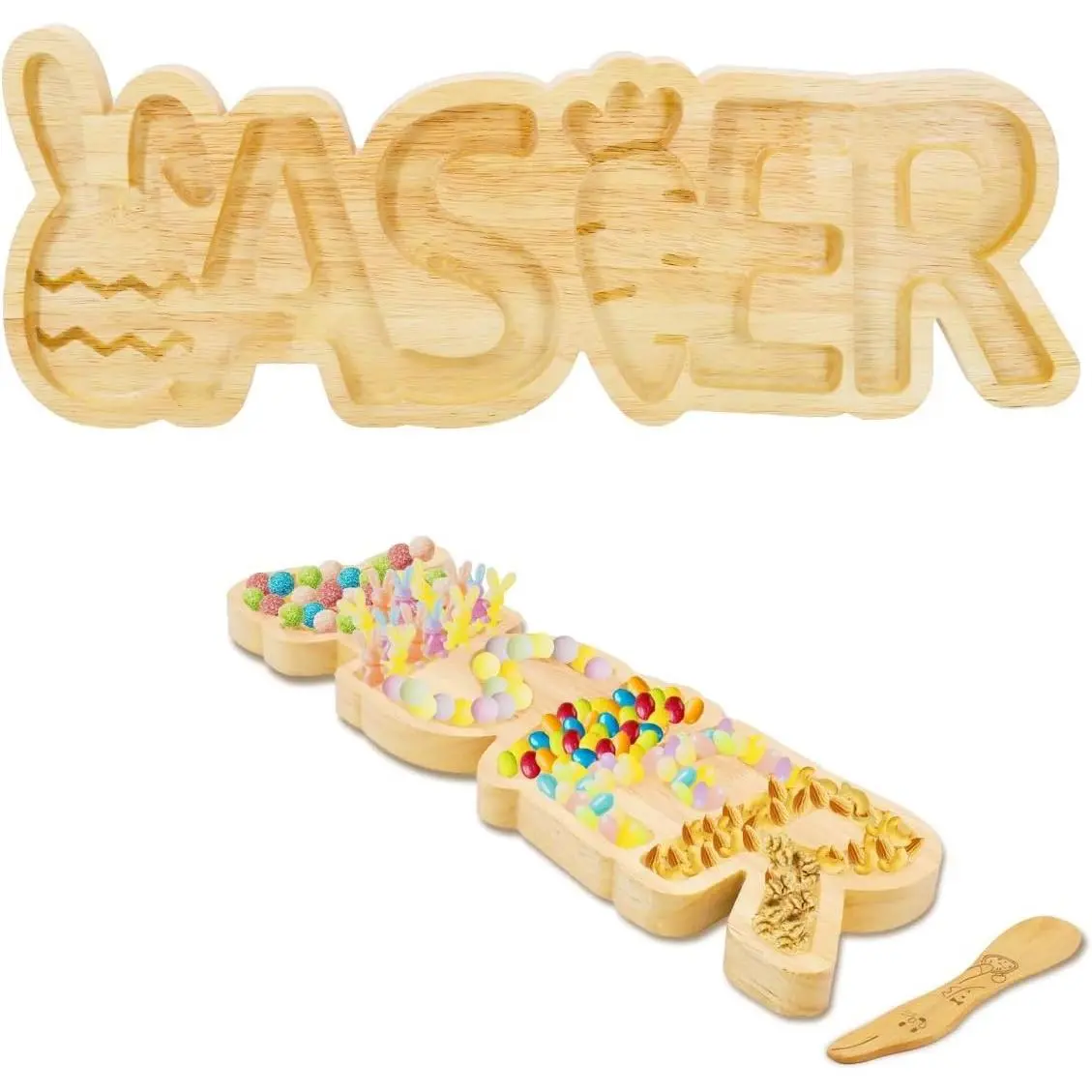 Easter Candy Dish Set, Letter Easter Plates with Egg and Carrot Elements, Wooden Bunny-shaped Spoon, Bunny Charcuterie Serving Tray for Party Dinner Dessert Candy and Chocolate