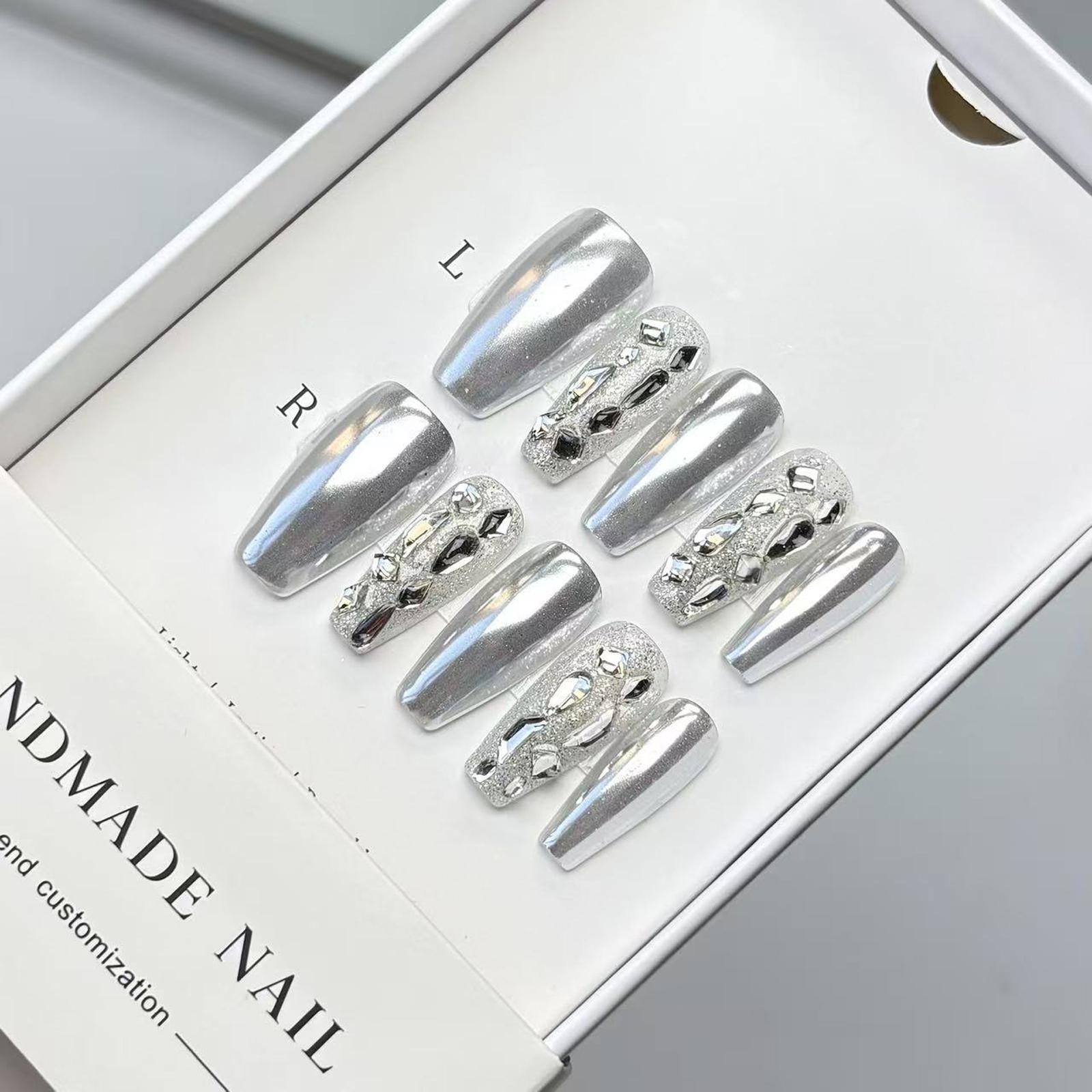 Obsessed With This Edgy Vibe! Custom Full Chrome Silver Press On Fake Nails, Exquisite Hand-Pailed Sparkling Mixed Rhinestone Design, TikTok Viral Hit