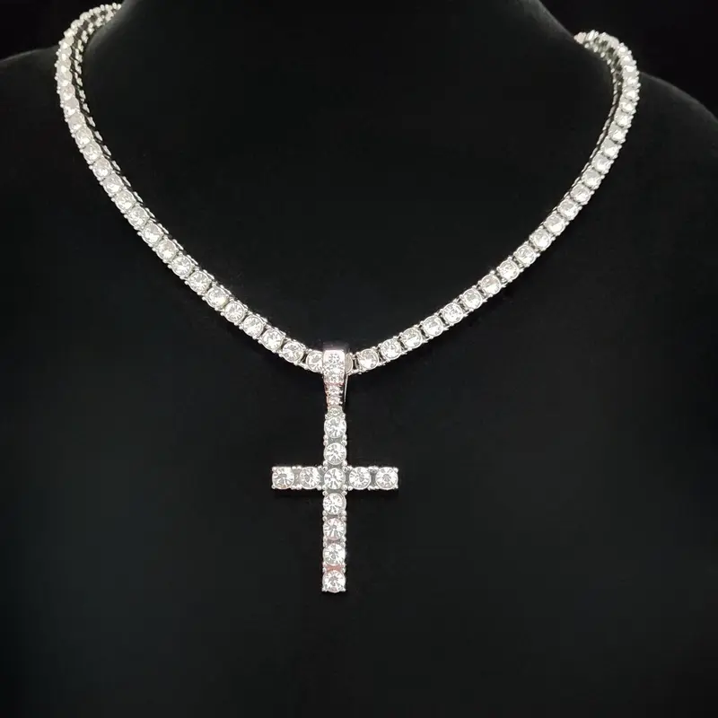 Rhinestone Cross Pendant Necklace for Men & Women, Couple Things, Necklace, Jewelry for Party, Accessories As Gift for Boyfriend & Girlfriend, Cuban Necklace, Rhinestone Decorated Necklace