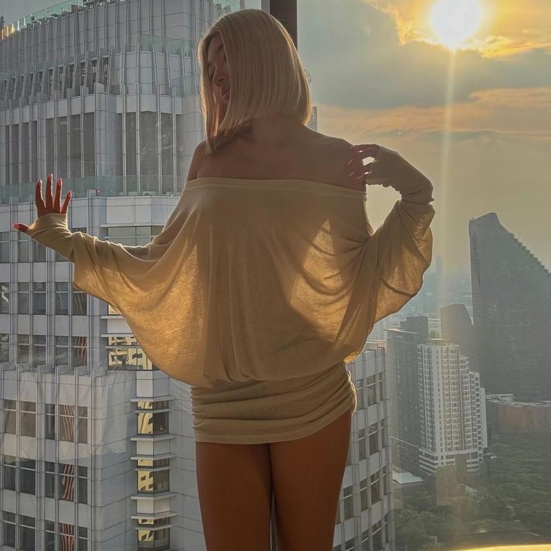 Women's Sheer Ruched Party Dress, Off-The-Shoulder Long Sleeve Women's Mini Dress for Spring & Fall