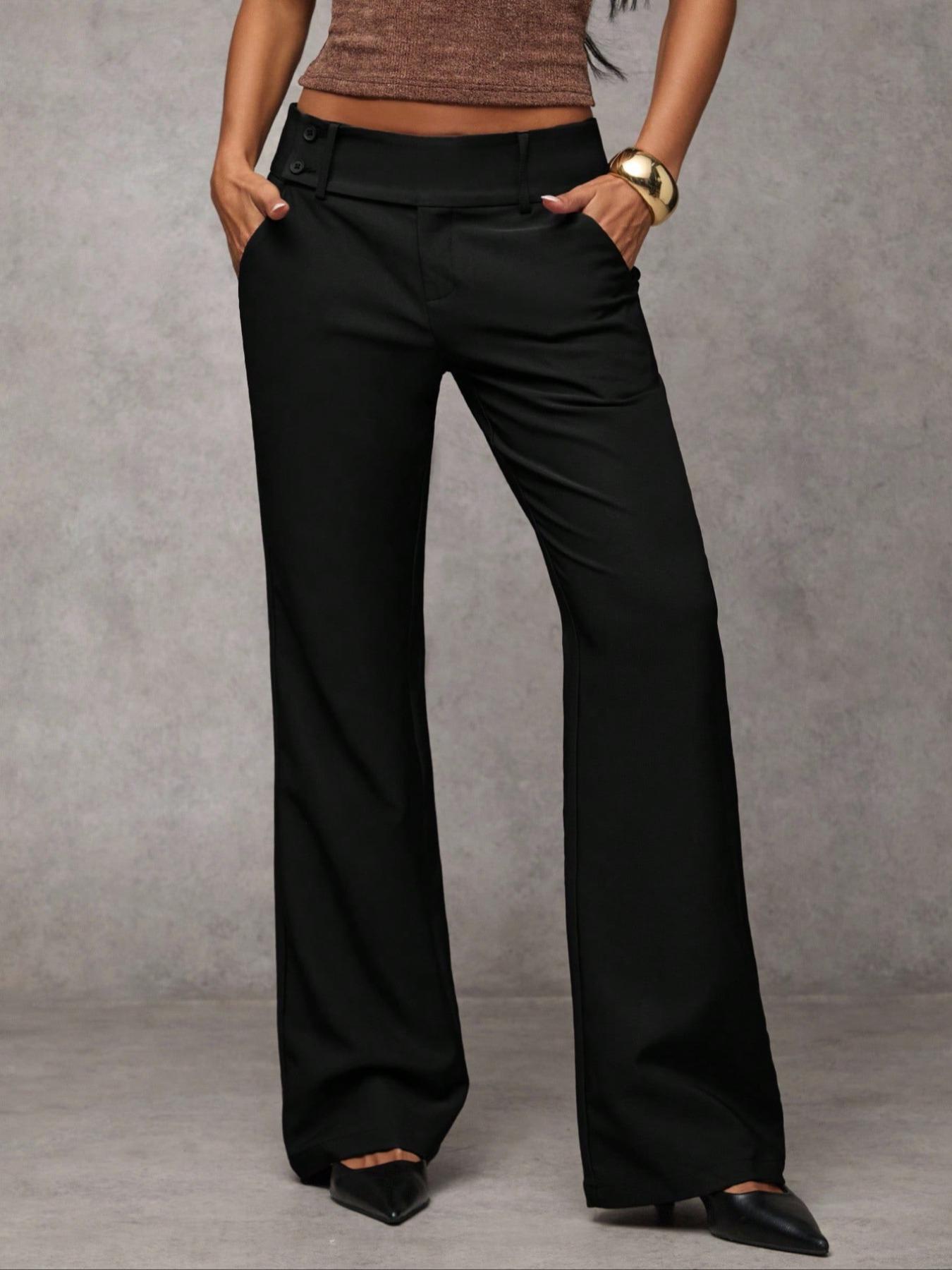 Women's Plain Pocket Elegant Casual Fitted Flare Pants, Business Casual Women's Clothing, All-Season Ladies' Apparel