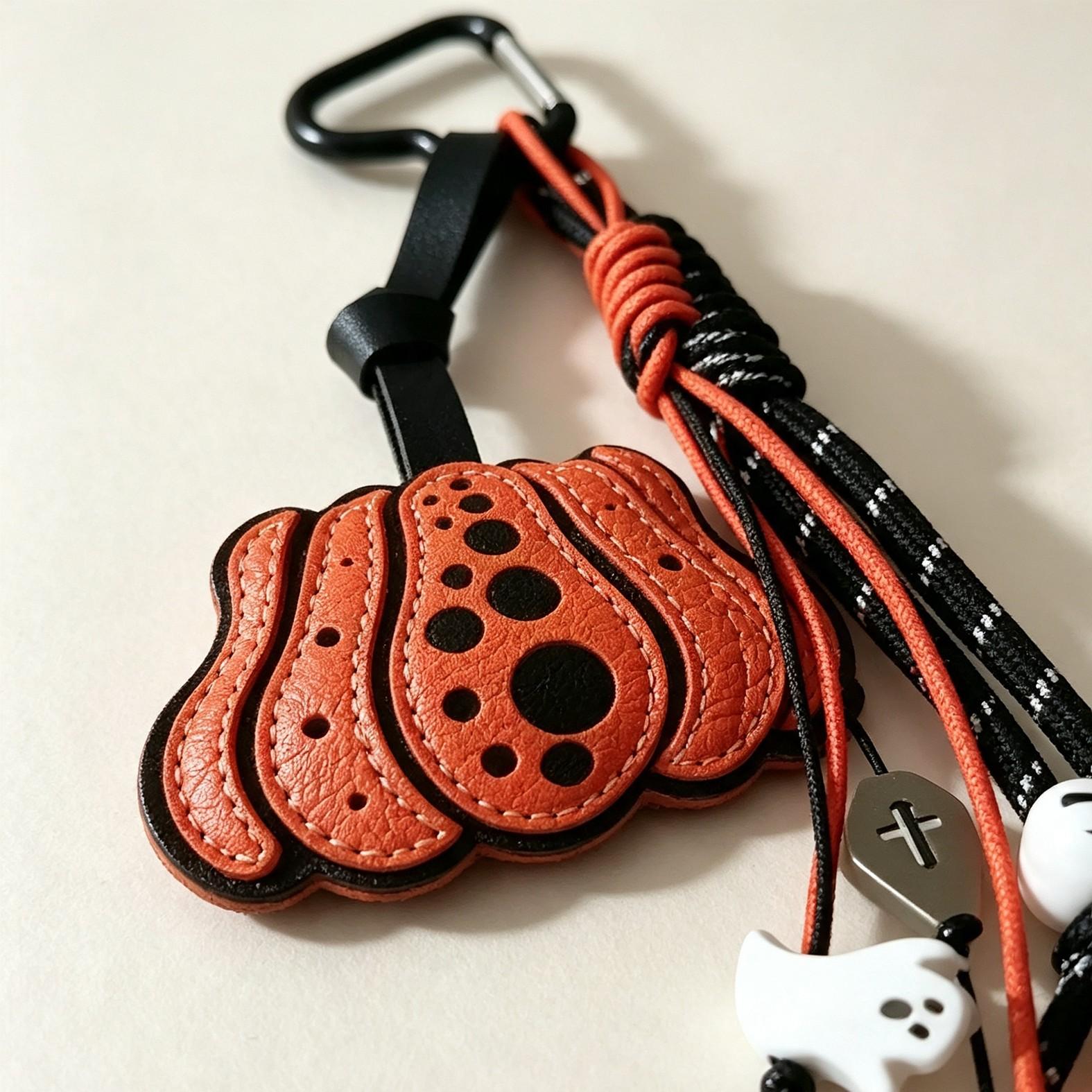 Halloween Pumpkin Bag Charm Keychain, Cute Ghost Spider Web Pendant, Spooky Leather Carabiner, Gothic Trick or Treat Accessory