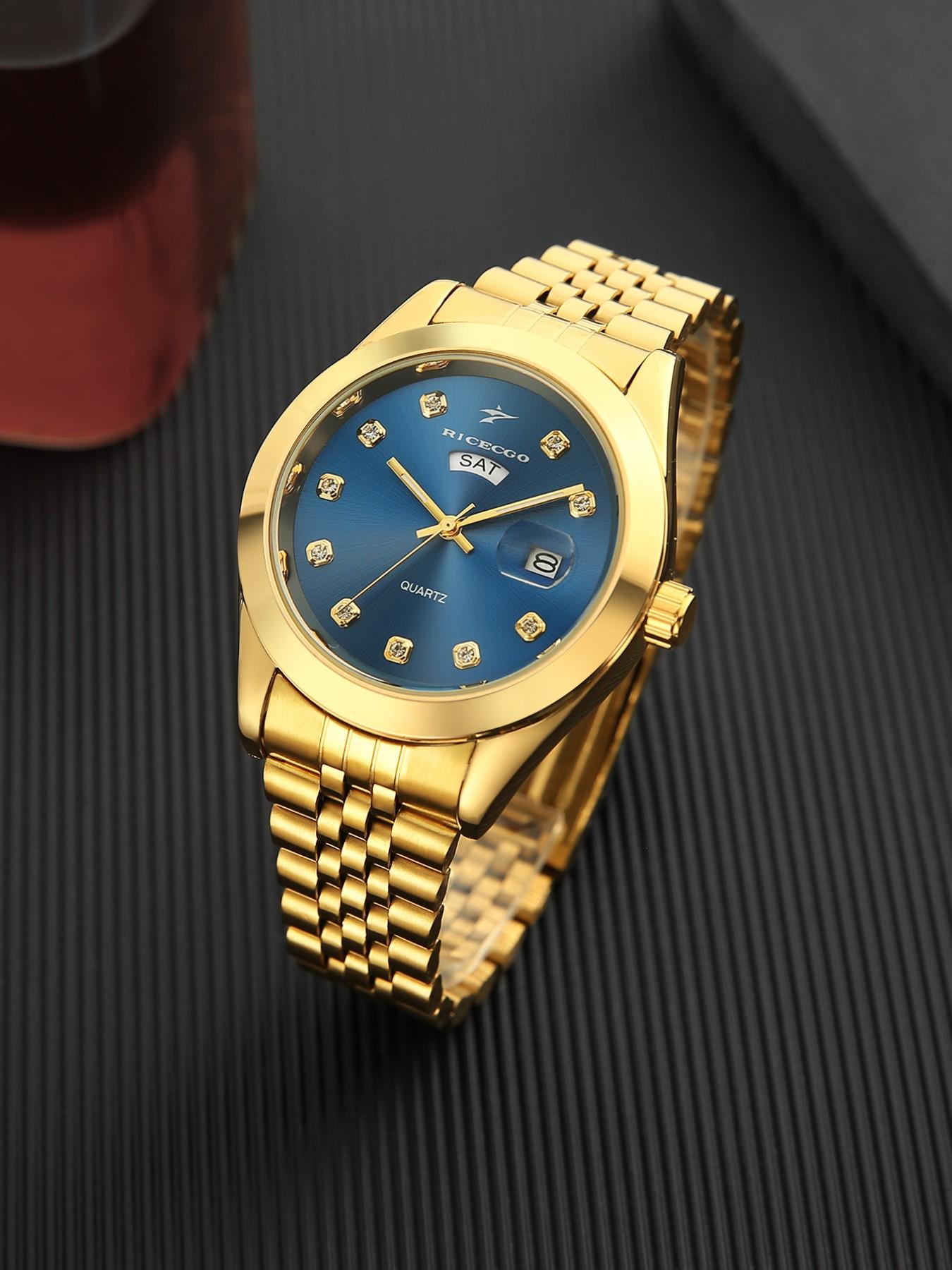 RICECGO Men's Quartz Watch Luxurious solid gold finish Elegant Round Dial Diamond-set hour markers sparkle with eye-catching brilliance Features day and date display Exudes prestige for business gifts Limited-time offer—act fast before it's gone