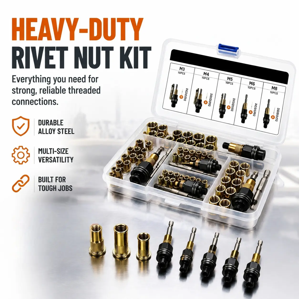 Head Rivet Nut Tool, M3 M4 M5 M6 M8 Rivnut Kit, Carbon Steel Rivnut Set, Threaded Rivet Nut Kit, Manual Riveter Rivnuts Tool Accessory for Automotive Repair Warehouses,fathersdaygift-YY2