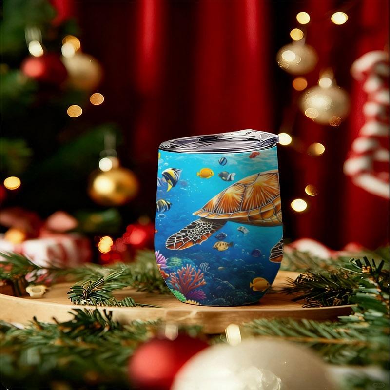 12oz Digital Printed Insulated Tumbler, Marine Life Design (Sea Turtle & Colorful Fish), Leak - Proof & Heat - Retaining, For Daily Use/Office/Travel, Vivid Underwater Scene Print, Durable Stainless Steel