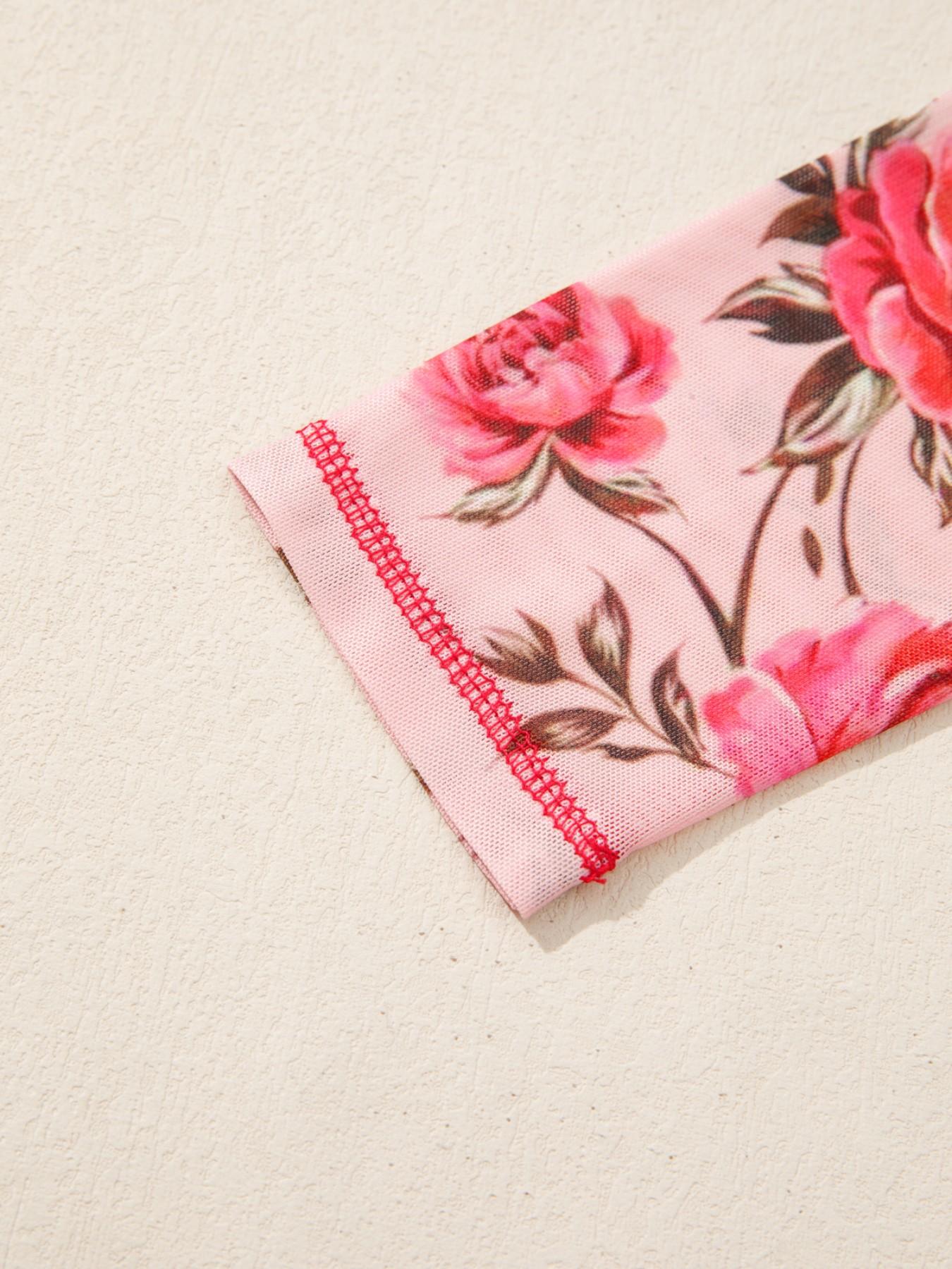 Elegant Floral Print Mesh Round Neck Slim Fit Long Sleeve Top, Hotapei Women's Fashion Blouse Shirts, Casual Wear for Spring and Fall