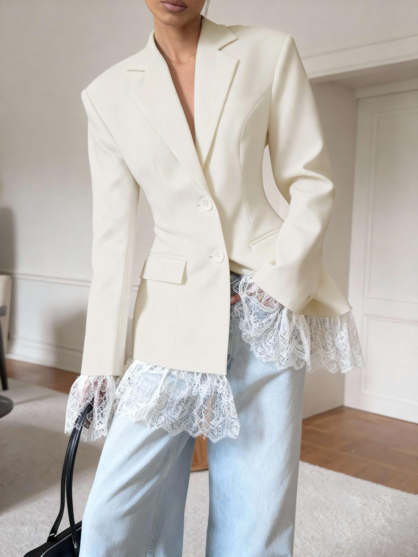 Women's Fitted Elegant Pure Color Woven Fabric Lace Patchwork Button Pockets Waistcoat Blazer Jacket, Office Evening Date Formal Banquet Fall Winter Womenswear