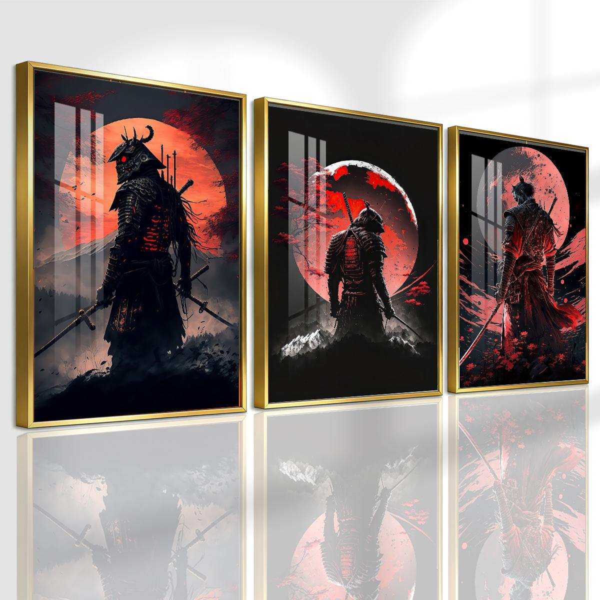 3 Counts Aluminum Alloy Framed Painting, Samurai Warriors Under Red Moon Artwork, Home Decoration For Living Room, Bedroom, Office, Restaurant, Hallway Wall Decor, Odorless Print Artwork, Luxury Perfect Gift For Friends And Family