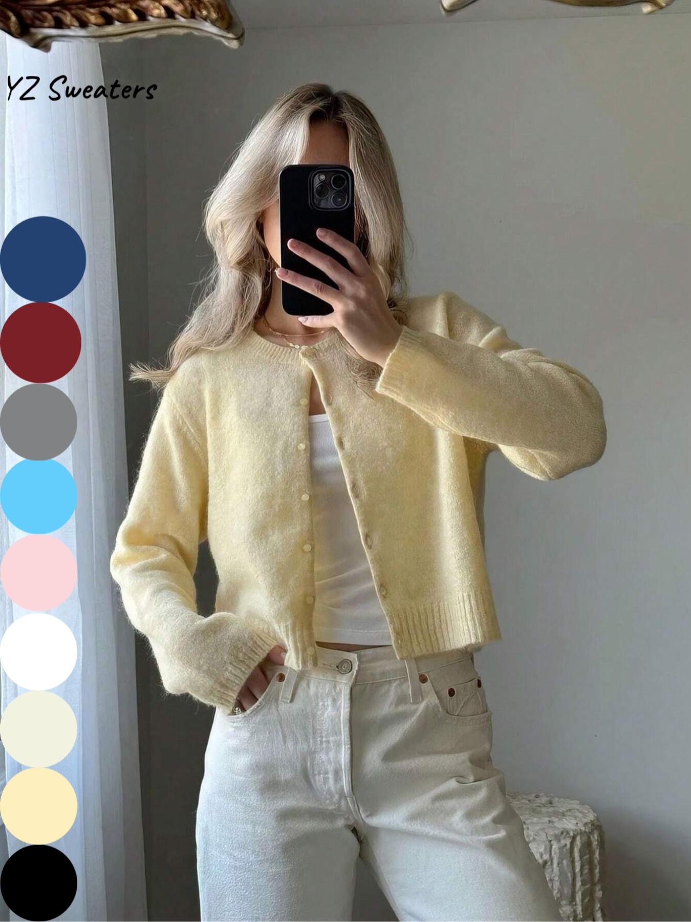 Women's Solid Color Button Front Cardigan, Casual Long Sleeve Knitwear for Spring & Fall, Fashion Women's Knit Clothing for Daily Wear