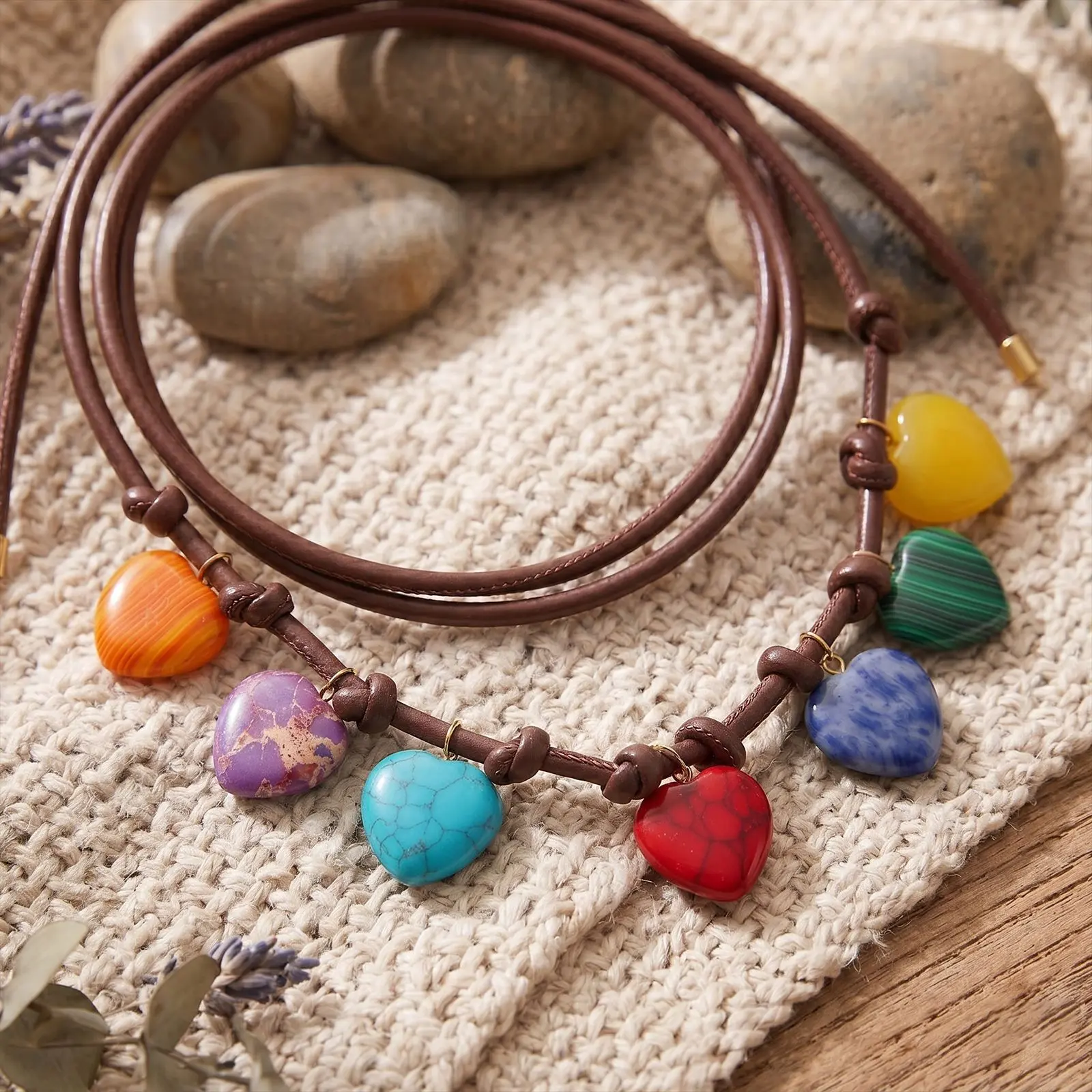 Female Boho 7 Chakra Healing Necklace - Colorful Heart Pendant, Adjustable Wrap Cord, Layered Wear, Exclusive Design, Spiritual Aesthetic Costume Jewelry Accessory