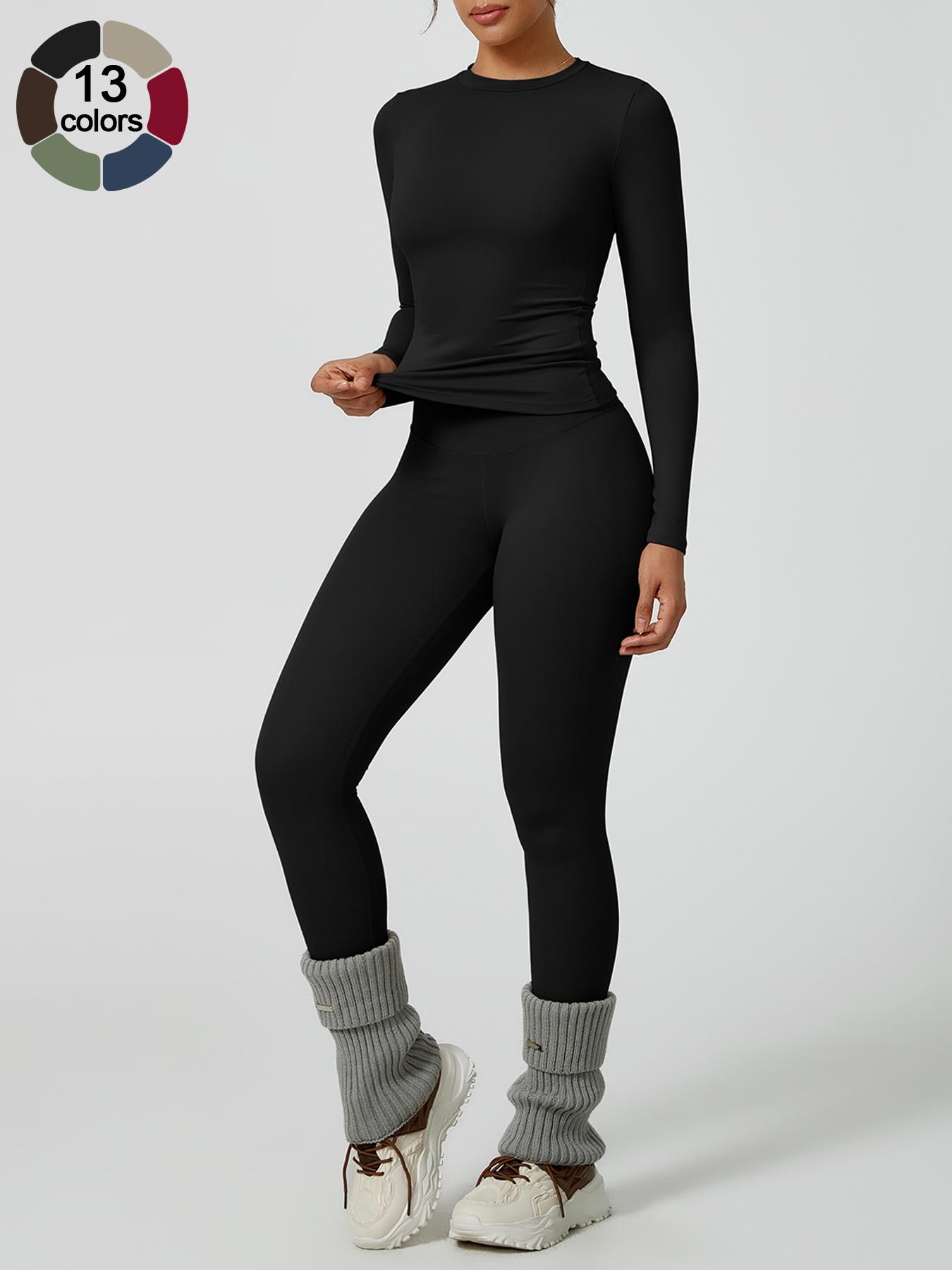 Women's Solid Long-Sleeve Tee & High-Waist Leggings Set, Sporty Round Neck Top & Skinny Pants 2-Piece Set for Gym Workout and Running, Ladies Fall & Winter Sportswear, Sports Fitness Wear, Workout Running Outfits
