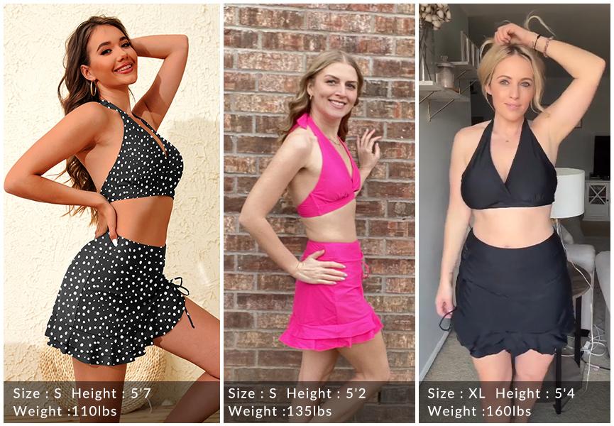 Yonique Womens High Waisted Bikini with Skirt Two Piece Swimsuit with Tummy Control Halter Bathing Suit V Neck Bikini Top with Built-in Bottom Bikini Skirt Full Coverage Bikini