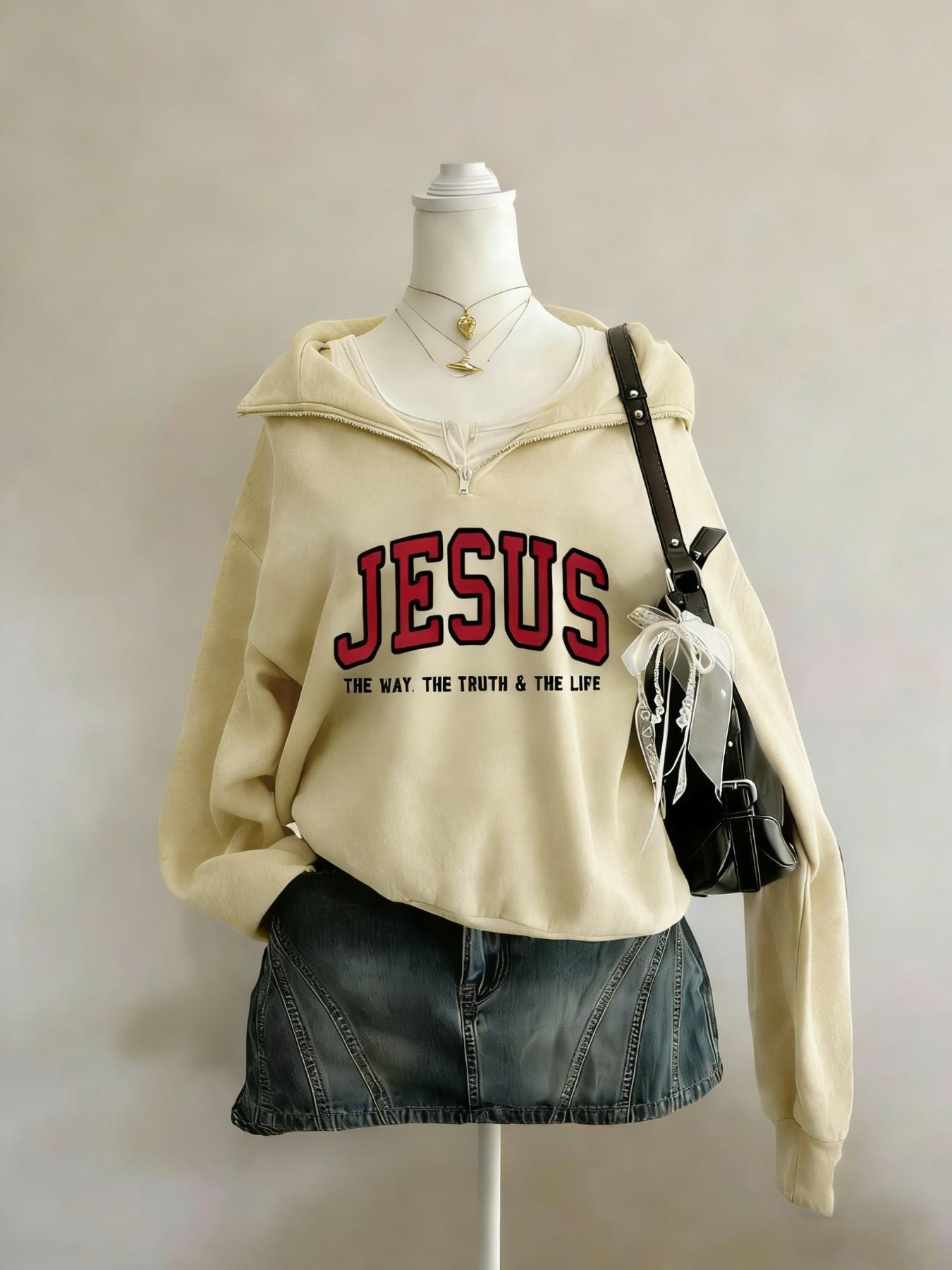 "JESUS" Aesthetic Half Zip Oversized Long Sleeve Sweatshirt, Y2K Christian Graphic Hoodie, Cozy Fleece Drop Shoulder Pullover, Vintage Washed Finish, Daily & Streetwear, Religious Print Top, Casual Pullover Tops, Womenswear