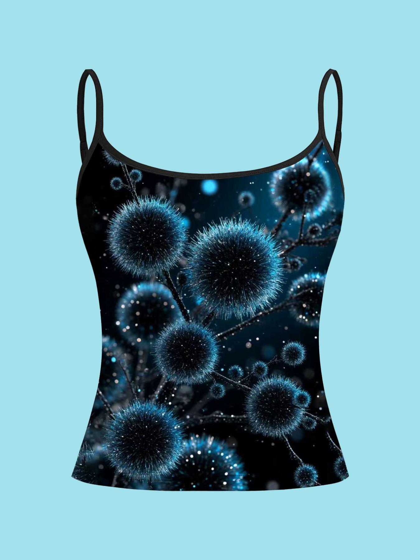 Neon Fluorescent Floral Print Strappy Top, Cyberpunk Slim-Fitting Shirt, 4-Piece Set, Casual Style, All over Print, Fashionable Clothing