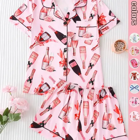 Women's All Over Print Shirt & Shorts Pyjama Two-piece Set, Comfy Short Sleeve Collared Top & Shorts PJ Set, Ladies Sleepwear for All Seasons Pajama Set, Casual Sleepwear Loungewear Homewear Sleep Sets