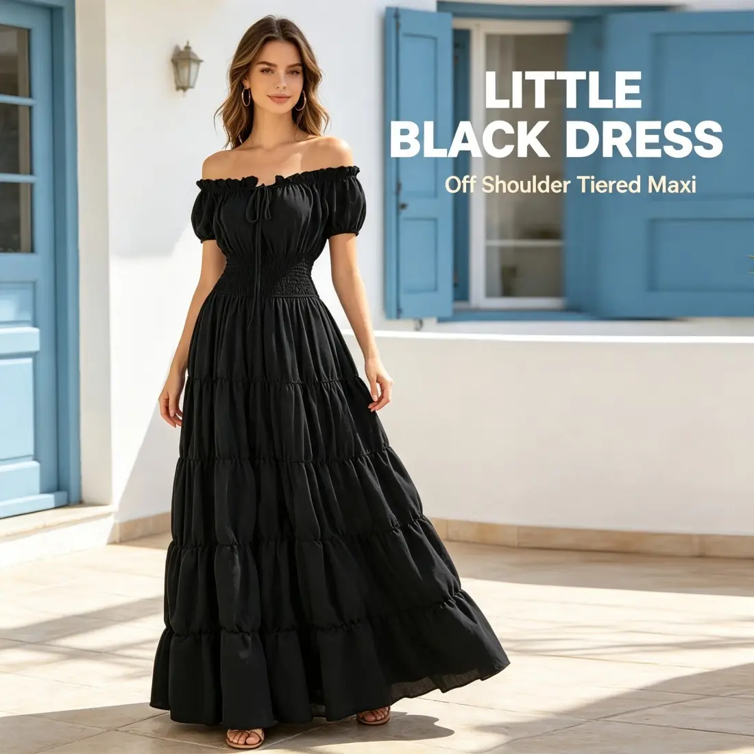 Women's Off-Shoulder Short Puff-Sleeve Tiered Maxi Dress - Casual Party Wear with Lightweight Fabric, Elastic Drawstring Smocked Waist, Flowy Loose Fit, Elegant Design